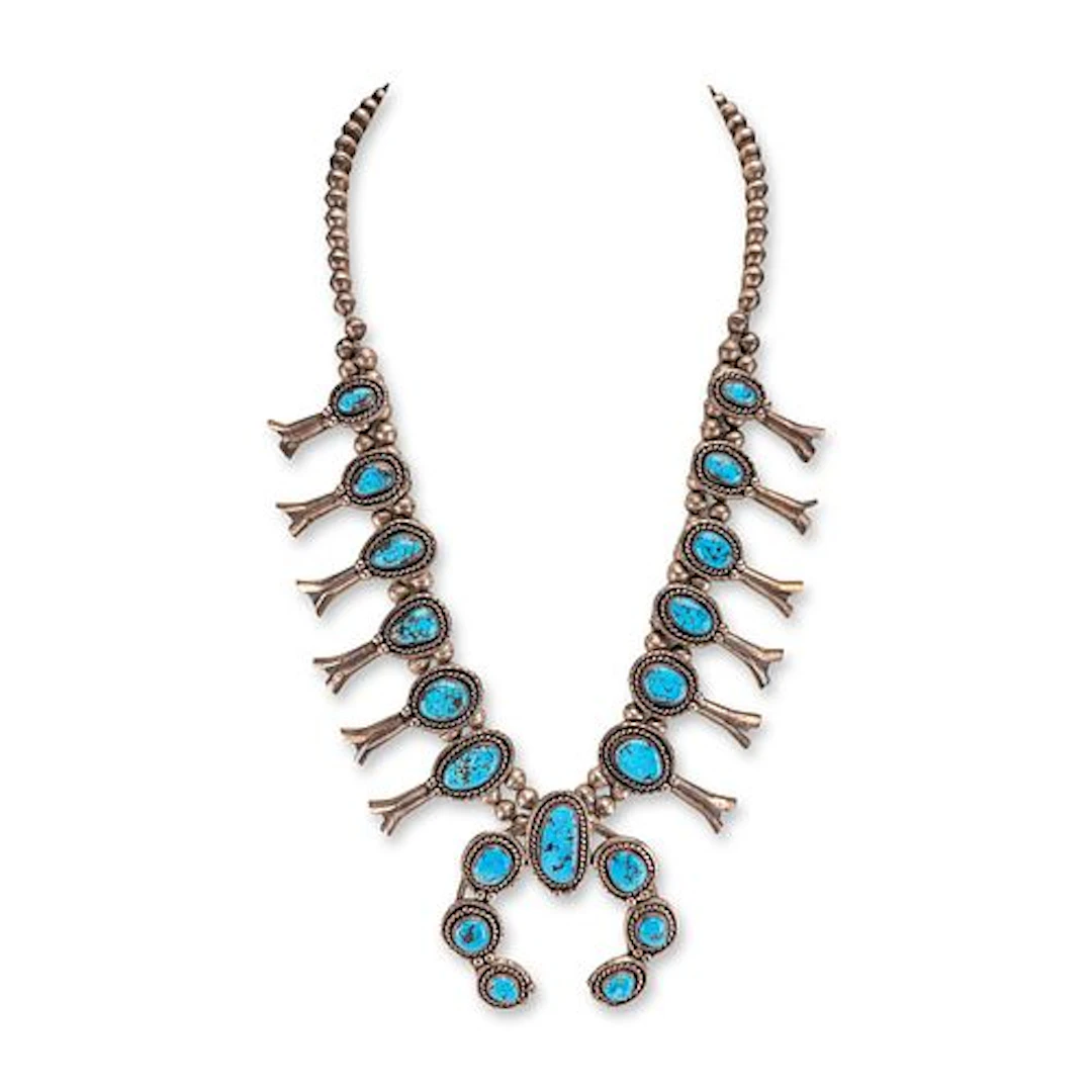 Navajo Style Sterling Silver and Turquoise Squash Blossom Necklace