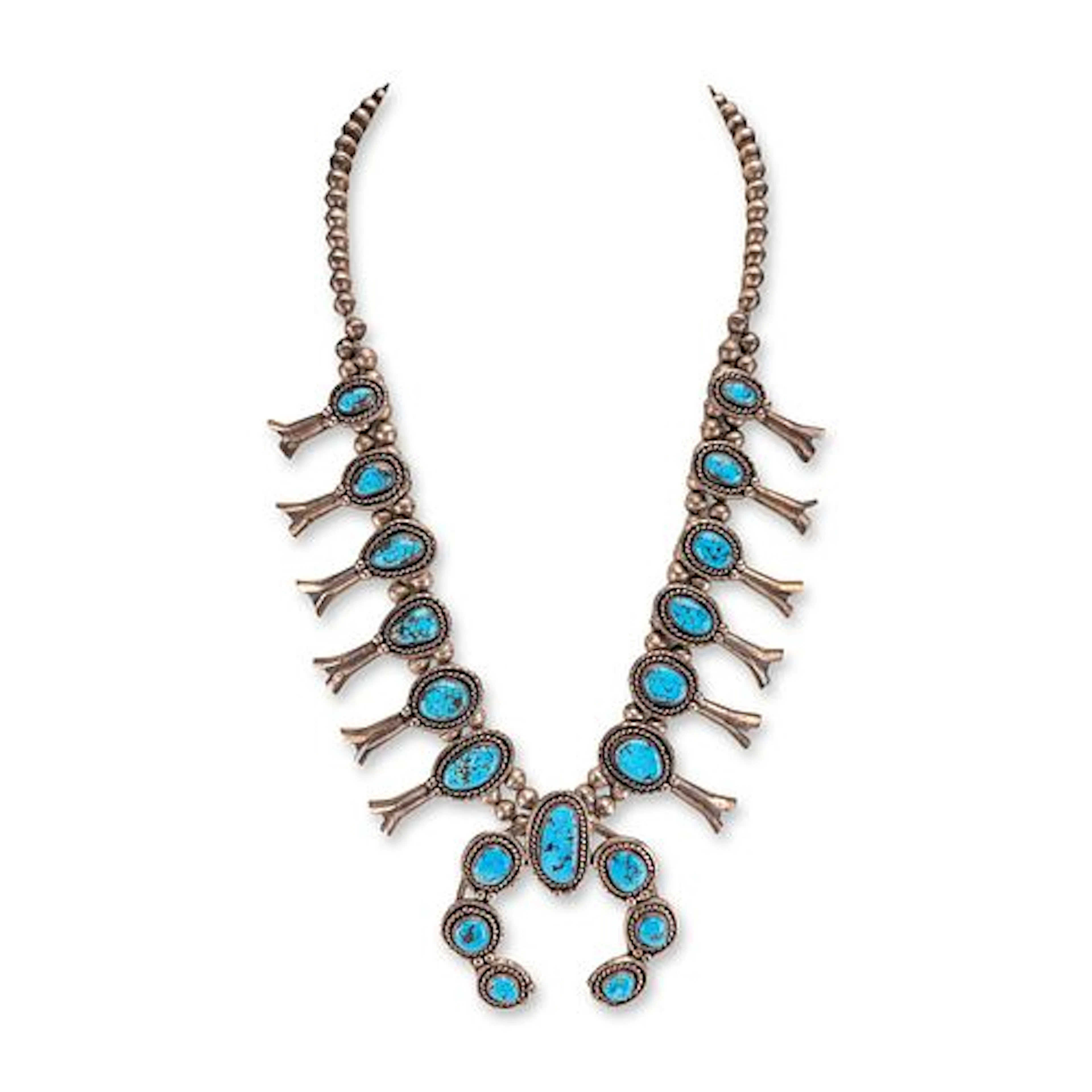 Navajo Style Sterling Silver and Turquoise Squash Blossom Necklace