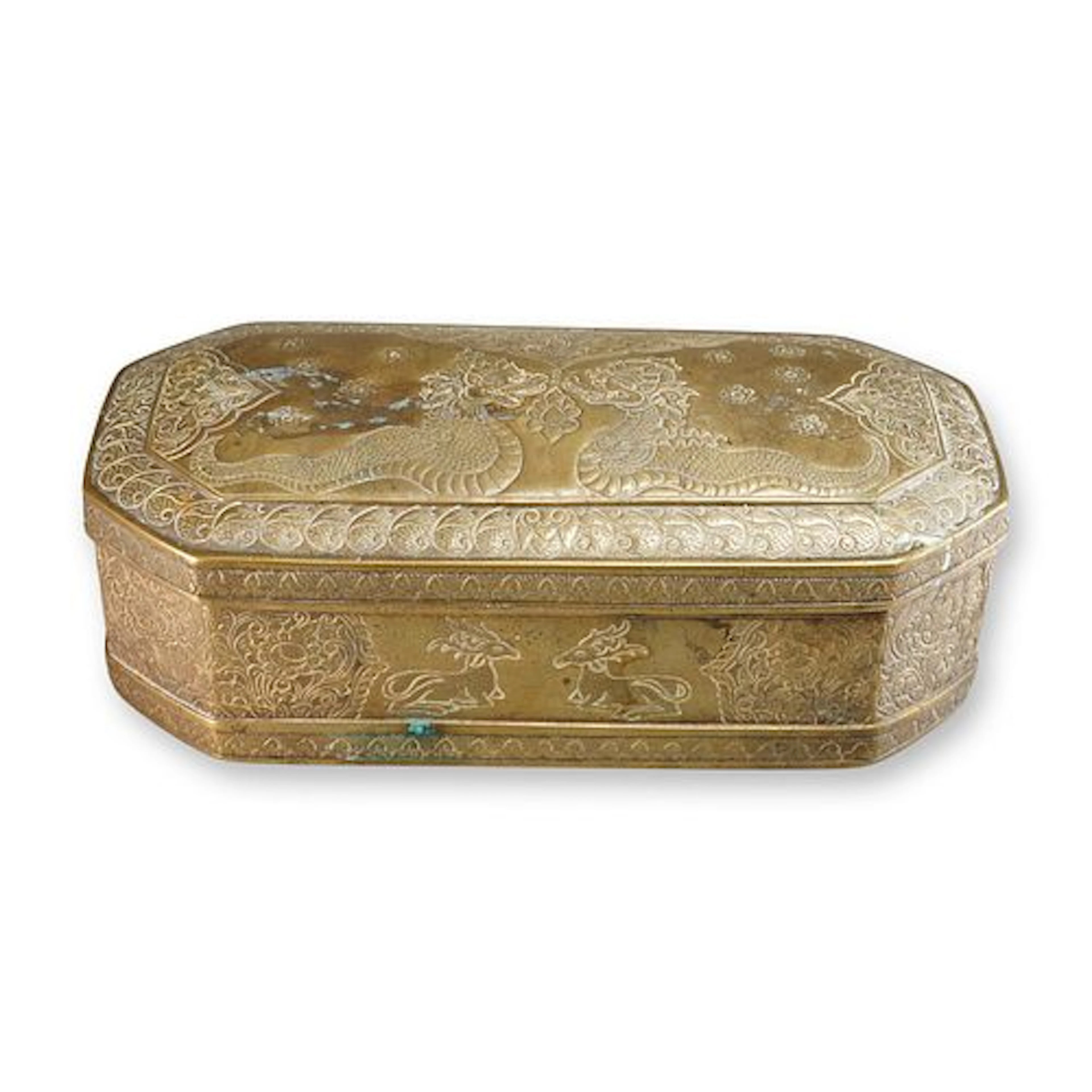 Southeast Asian Brass Box Engraved with Dragons & Deer Design