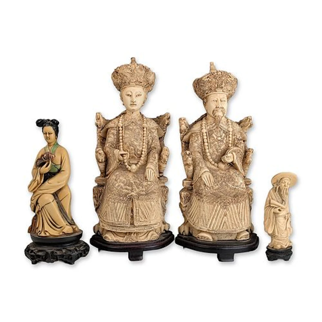 4pc Collection of Chinese Faux Bone Emperor and Empress, Geisha &
