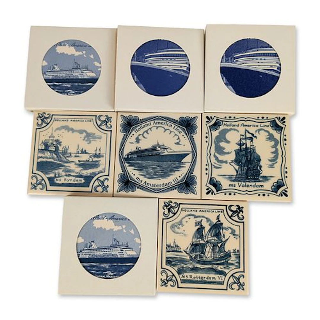 8pc Royal Goedewaagen Holland America Line Blue Delft Coasters