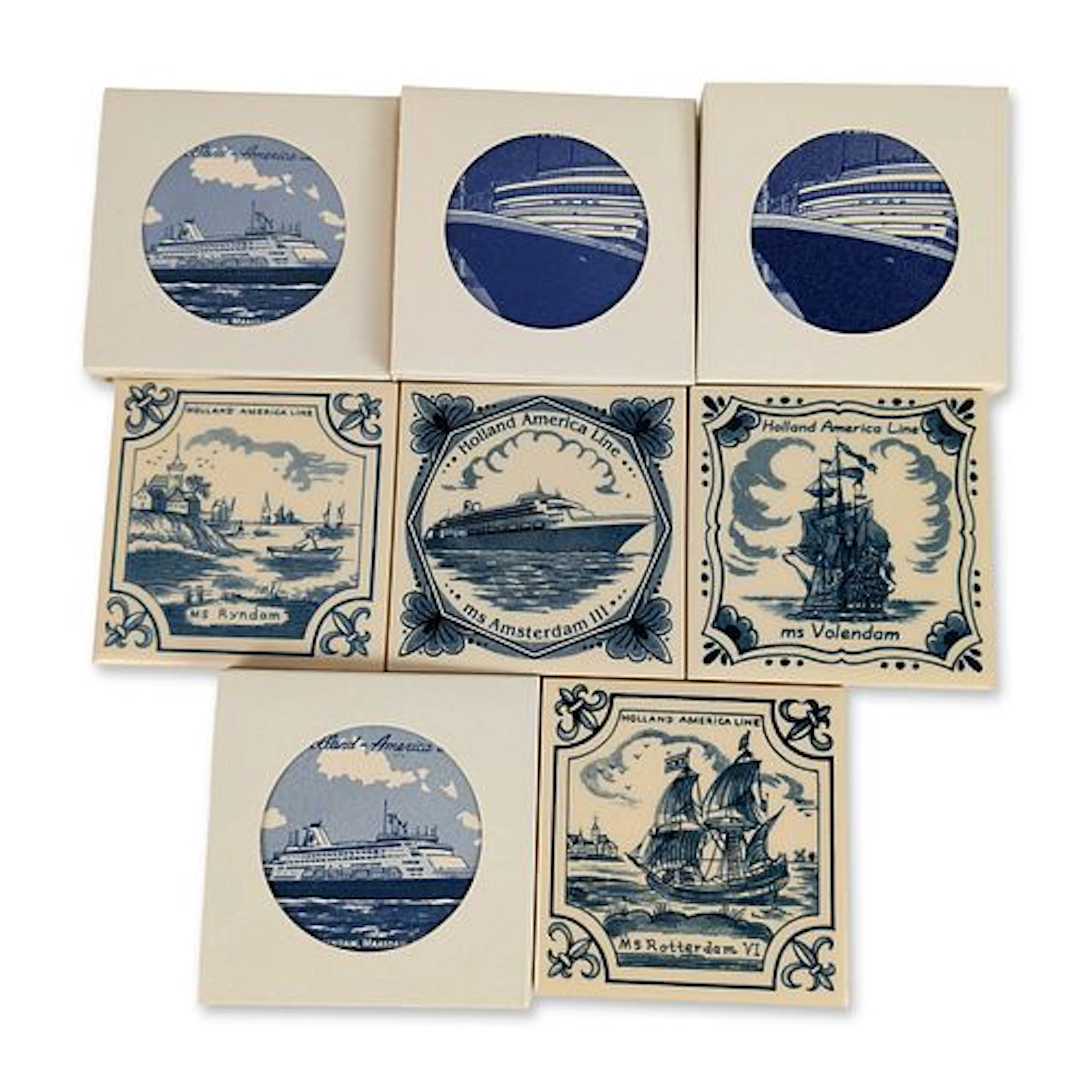 8pc Royal Goedewaagen Holland America Line Blue Delft Coasters