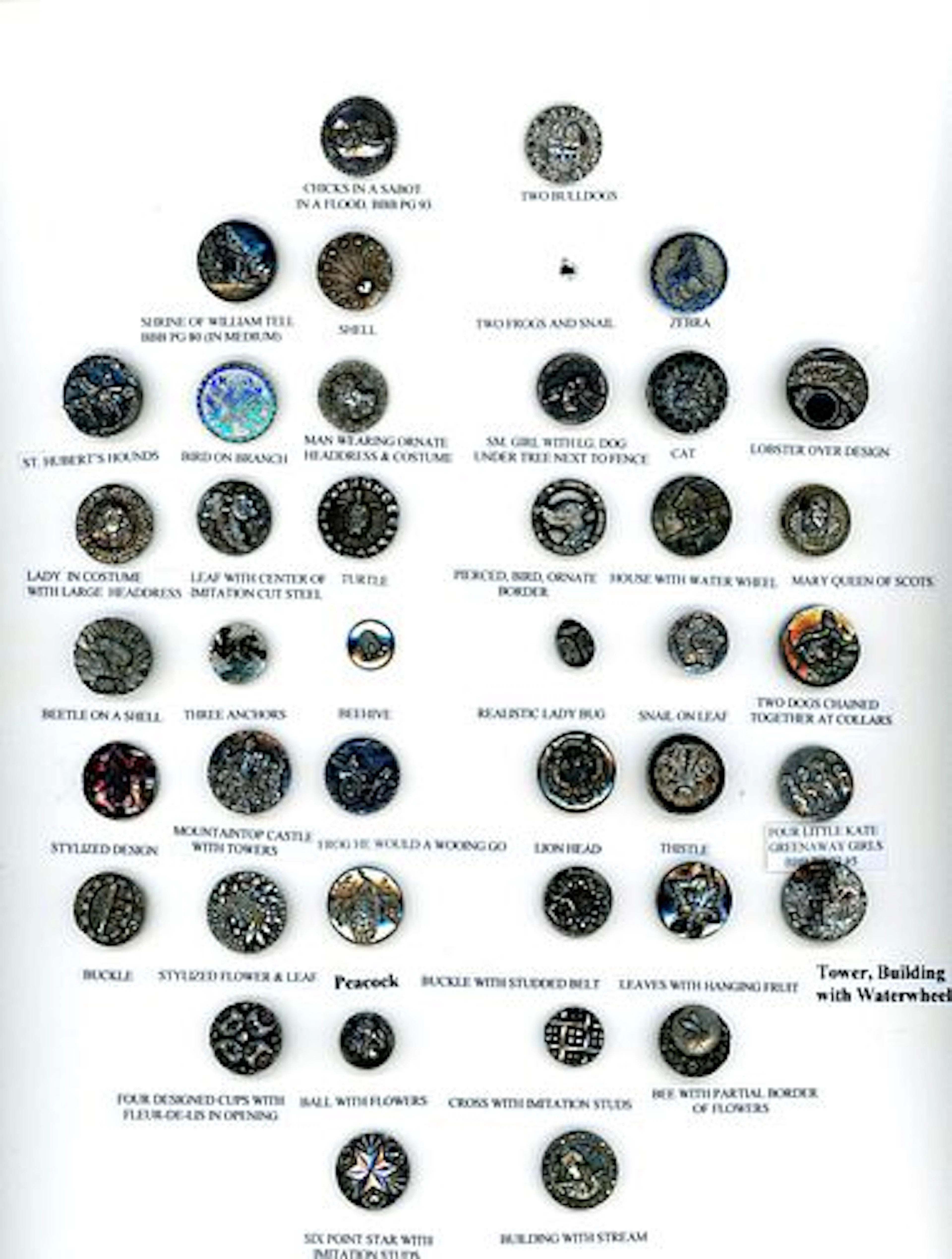 A CARD OF DIVISION ONE PICTORIAL BLACK GLASS BUTTONS