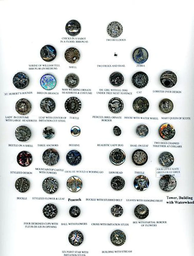 A CARD OF DIVISION ONE PICTORIAL BLACK GLASS BUTTONS