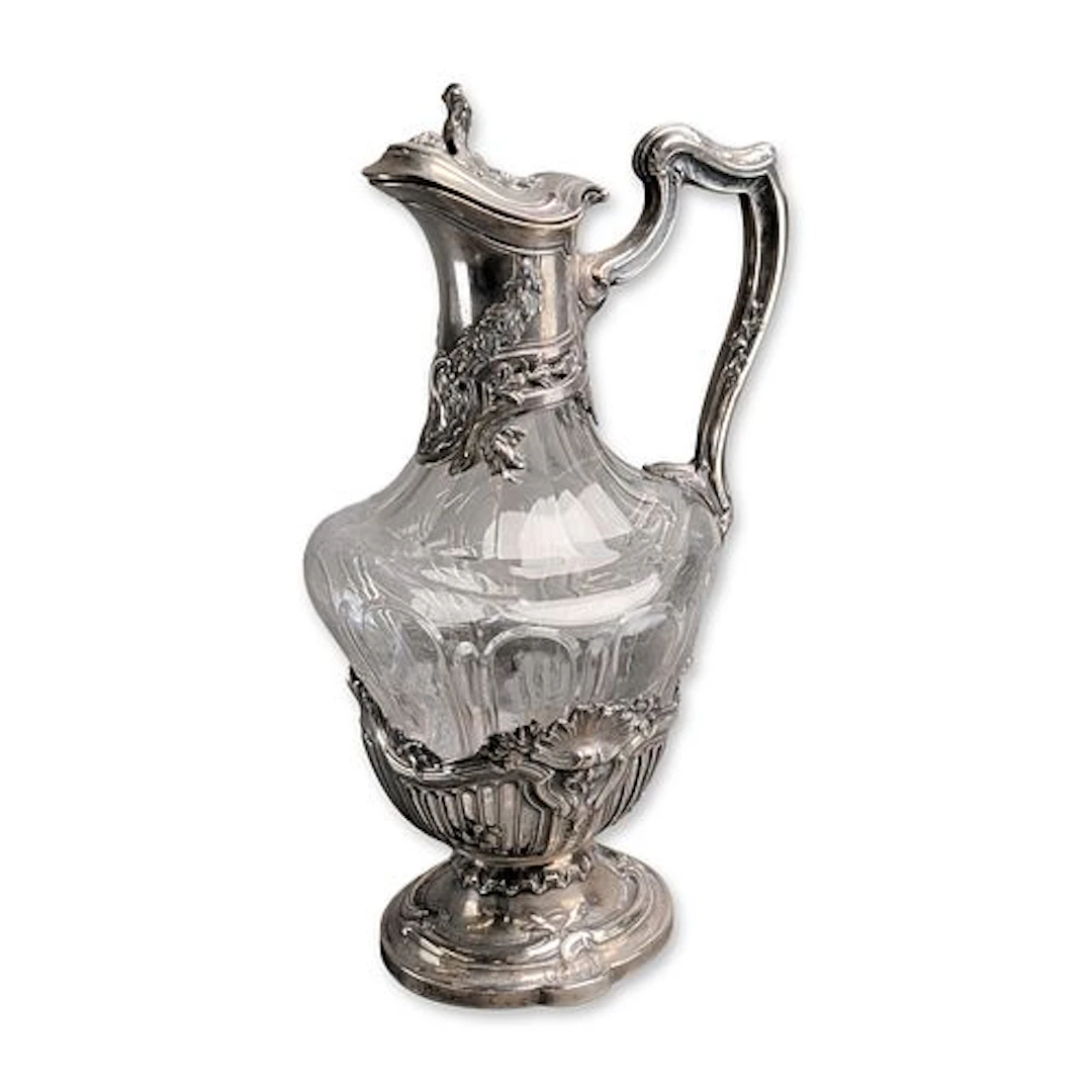 French Rococo Style 950 Silver Mounted Crystal Claret Jug