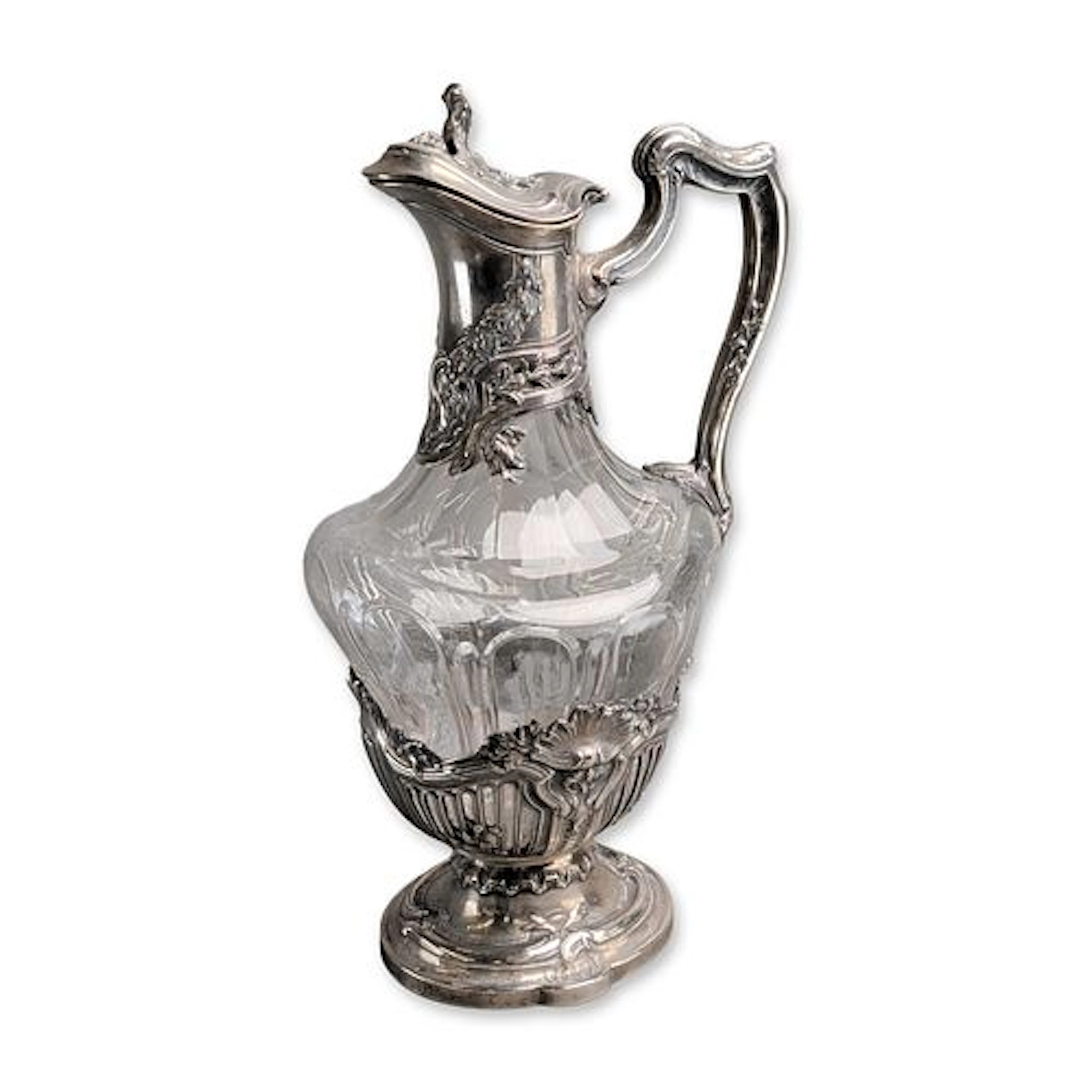 French Rococo Style 950 Silver Mounted Crystal Claret Jug