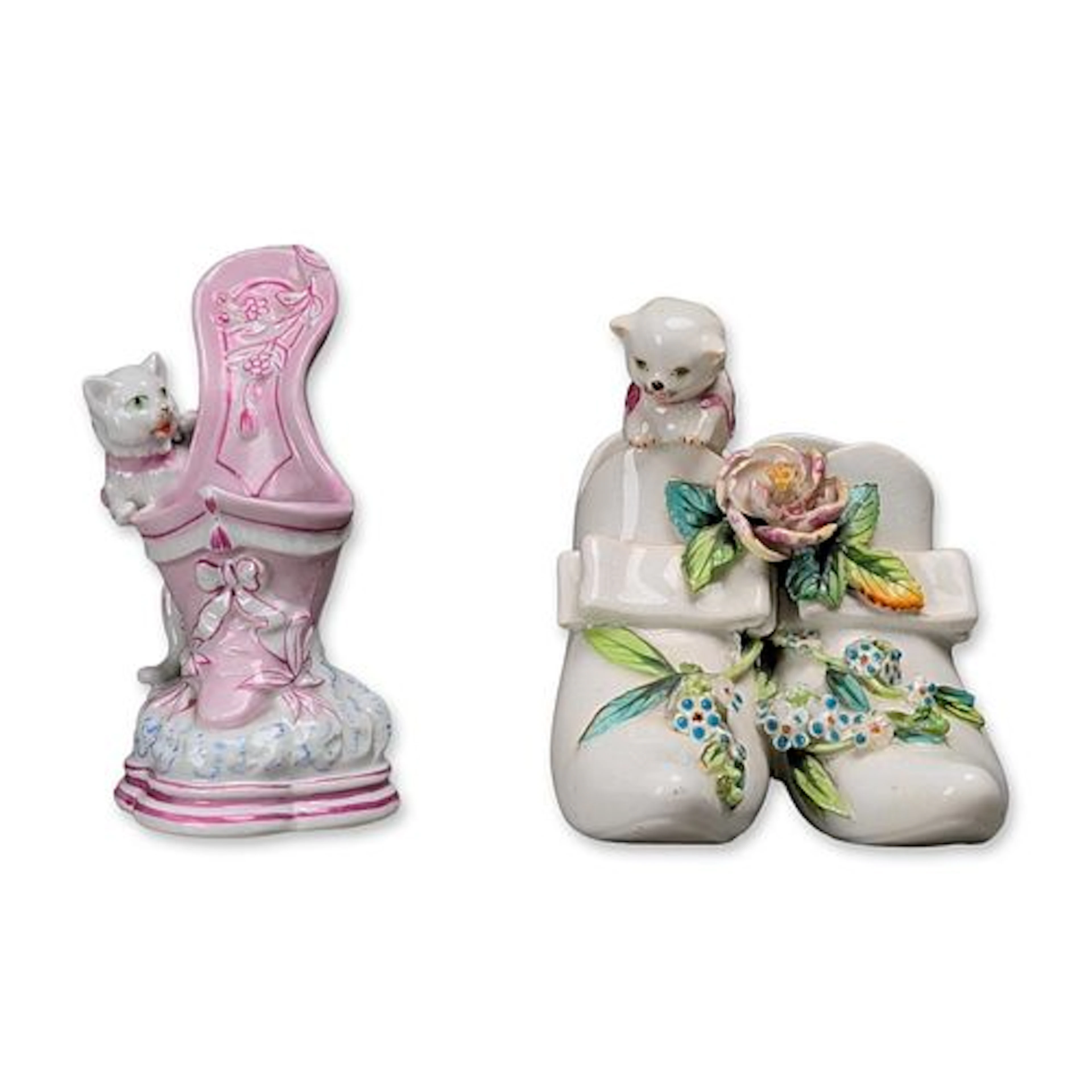 2pc Porcelain Shoe and Cat Figurines