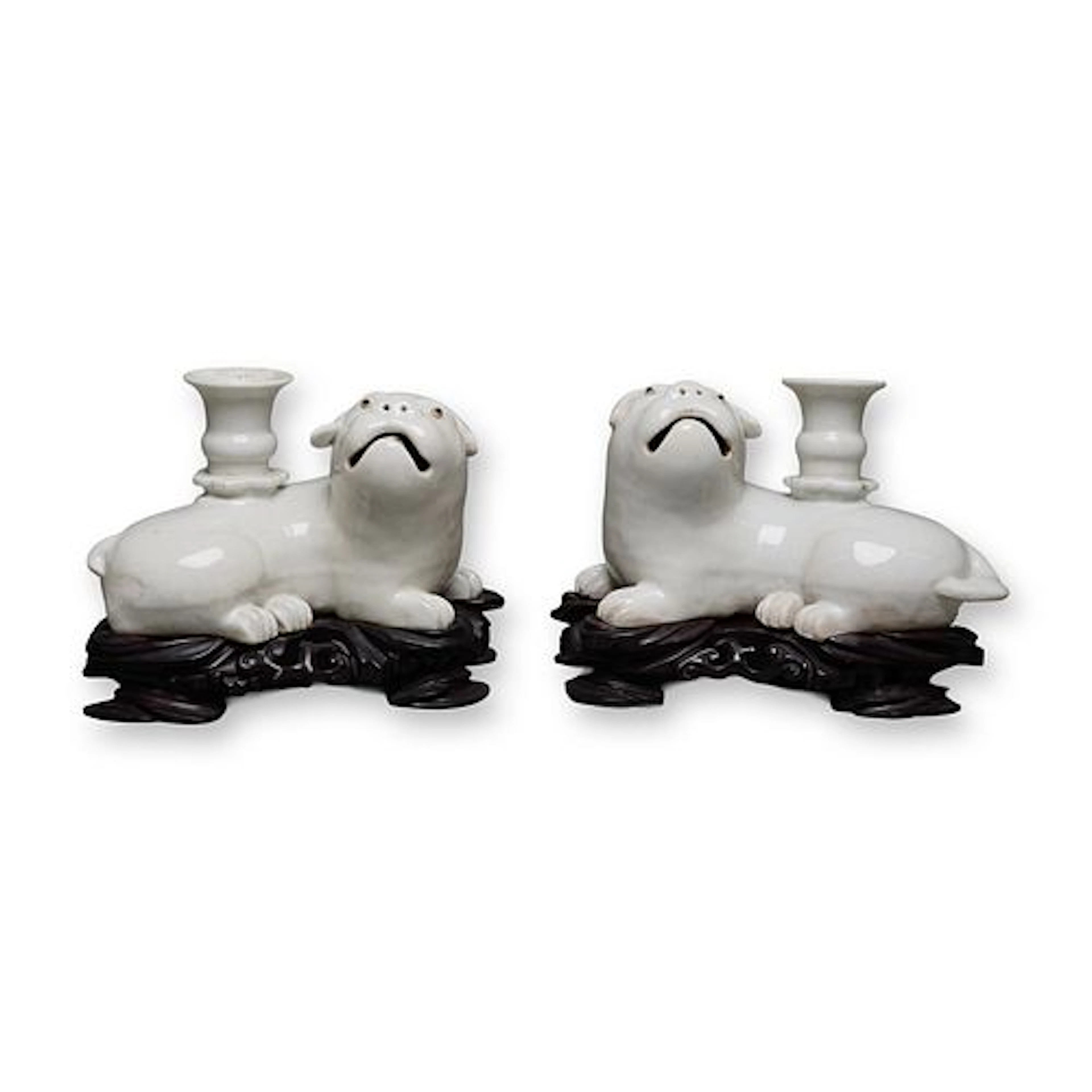 Pair of Chinese Porcelain Blanc de Chine Pug Dog Candleholders w/ Wooden Stands