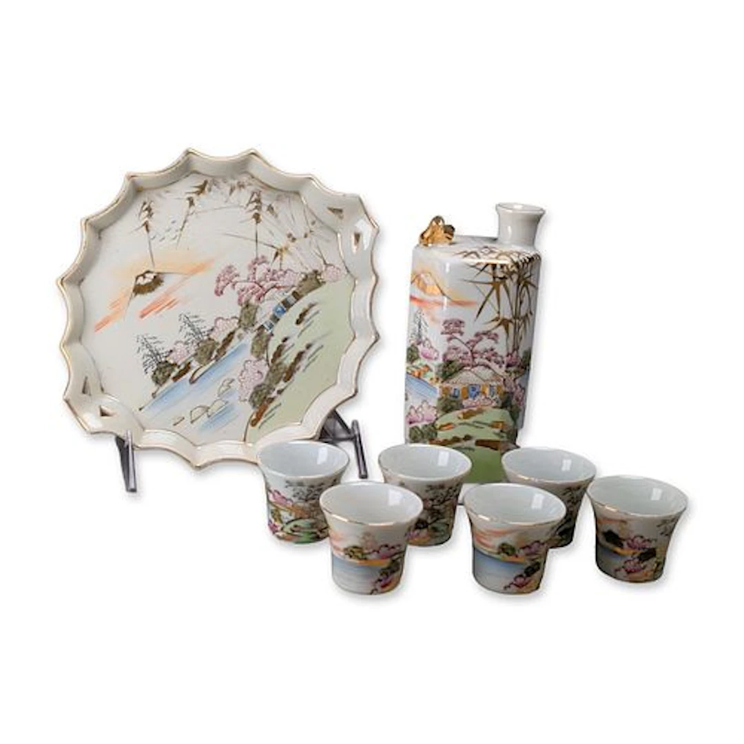 Japanese Kutani Porcelain Landscape Sake Set