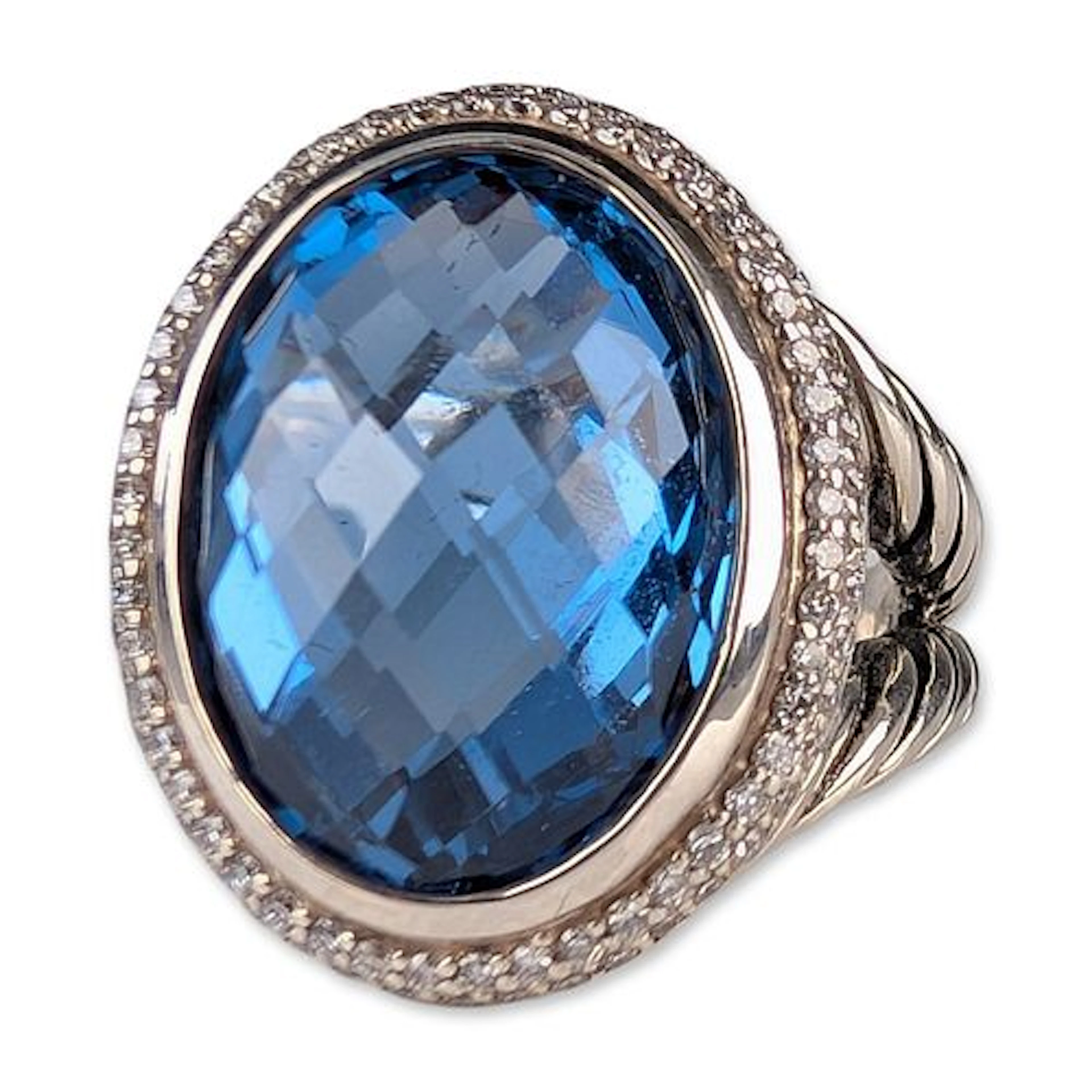 David Yurman Sterling Silver Albion Oval Blue Topaz and Diamond Ring