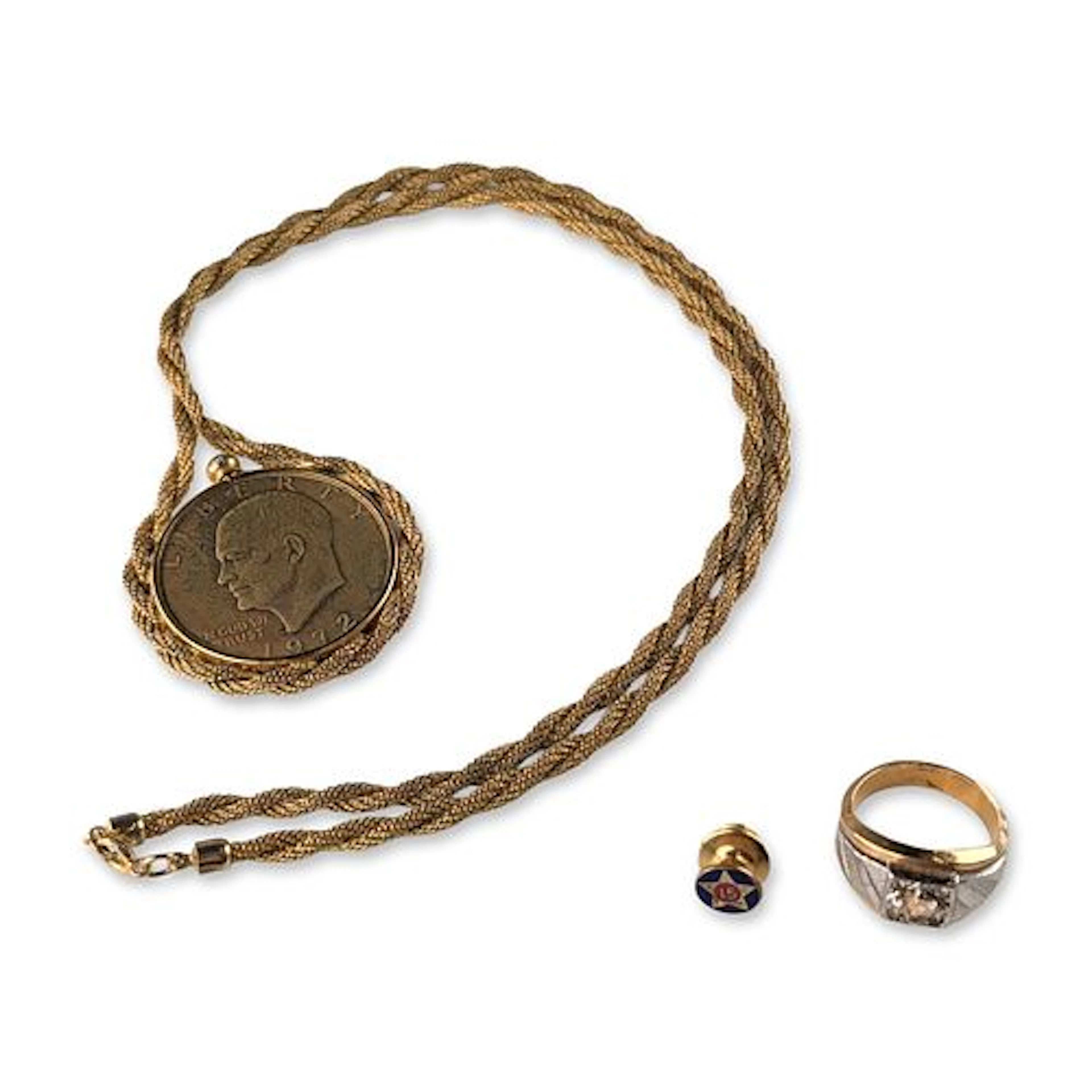 3pc Collection of Two-Tone Diamond Ring, Coin Pendant, and Enamel Pin