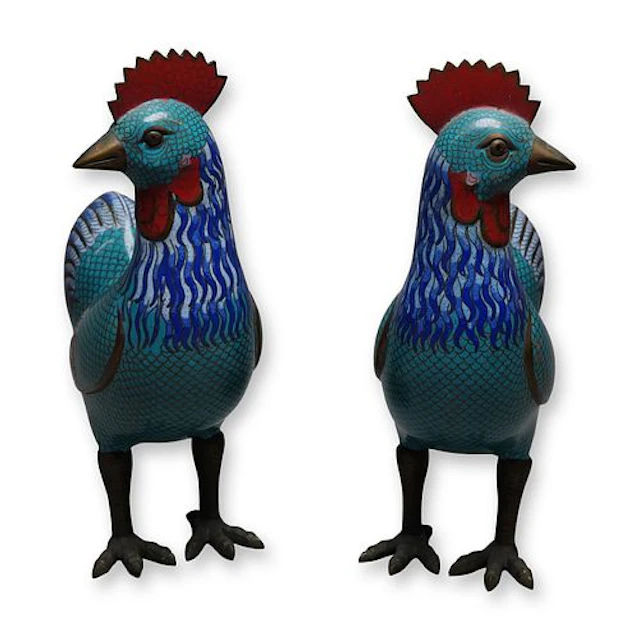 Pair of Chinese Cloisonne Roosters, Late Qing Dynasty