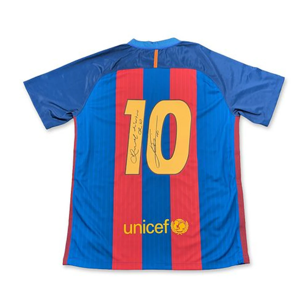 Ronaldinho and Messi Signed FC Barcelona 2016-17 Nike Home Jersey with COA