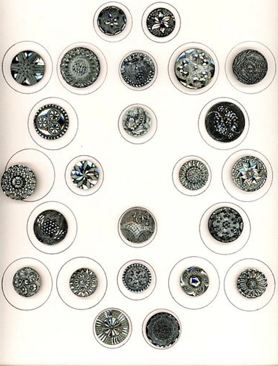 A CARD OF DIVISION ONE BLACK GLASS BUTTONS