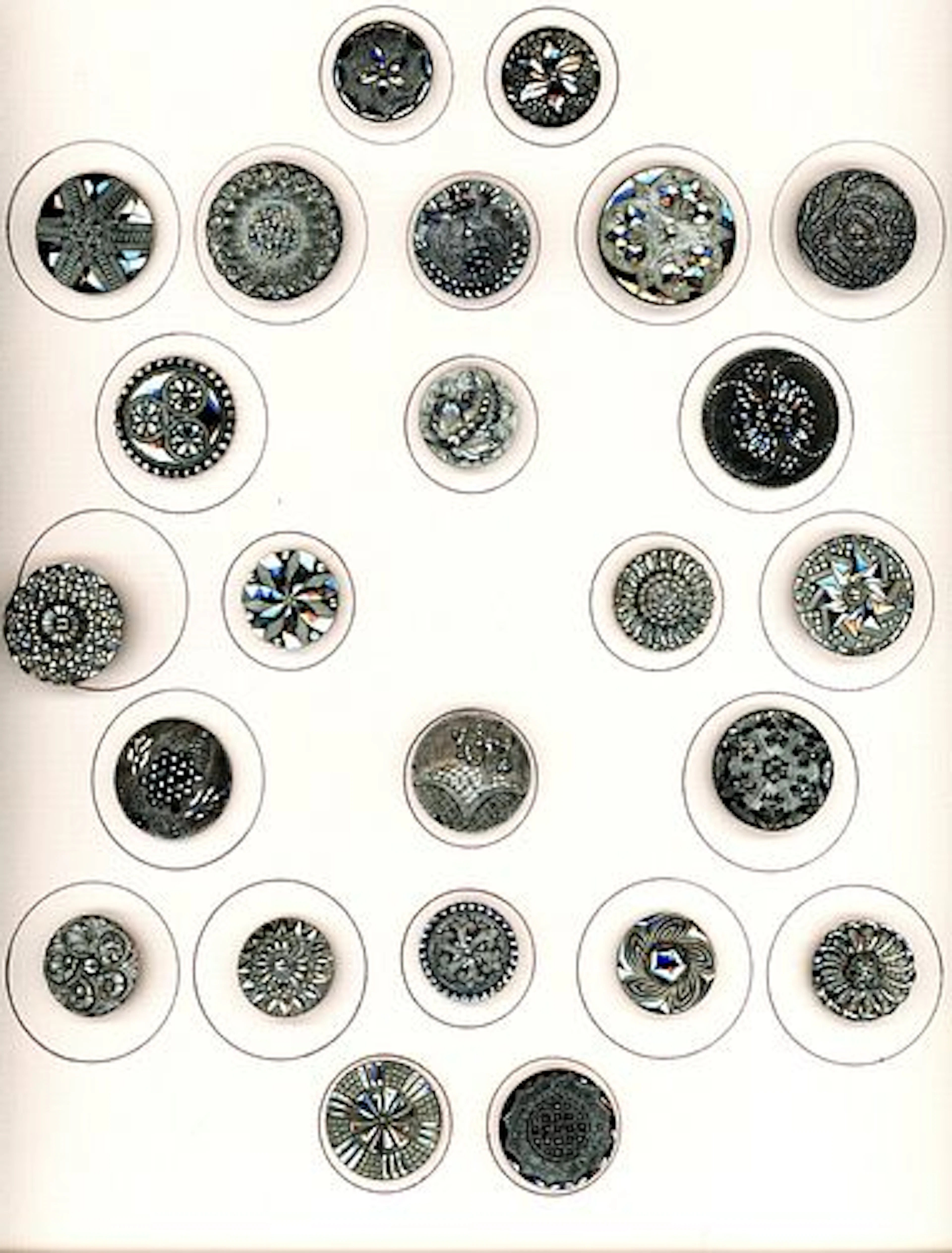 A CARD OF DIVISION ONE BLACK GLASS BUTTONS