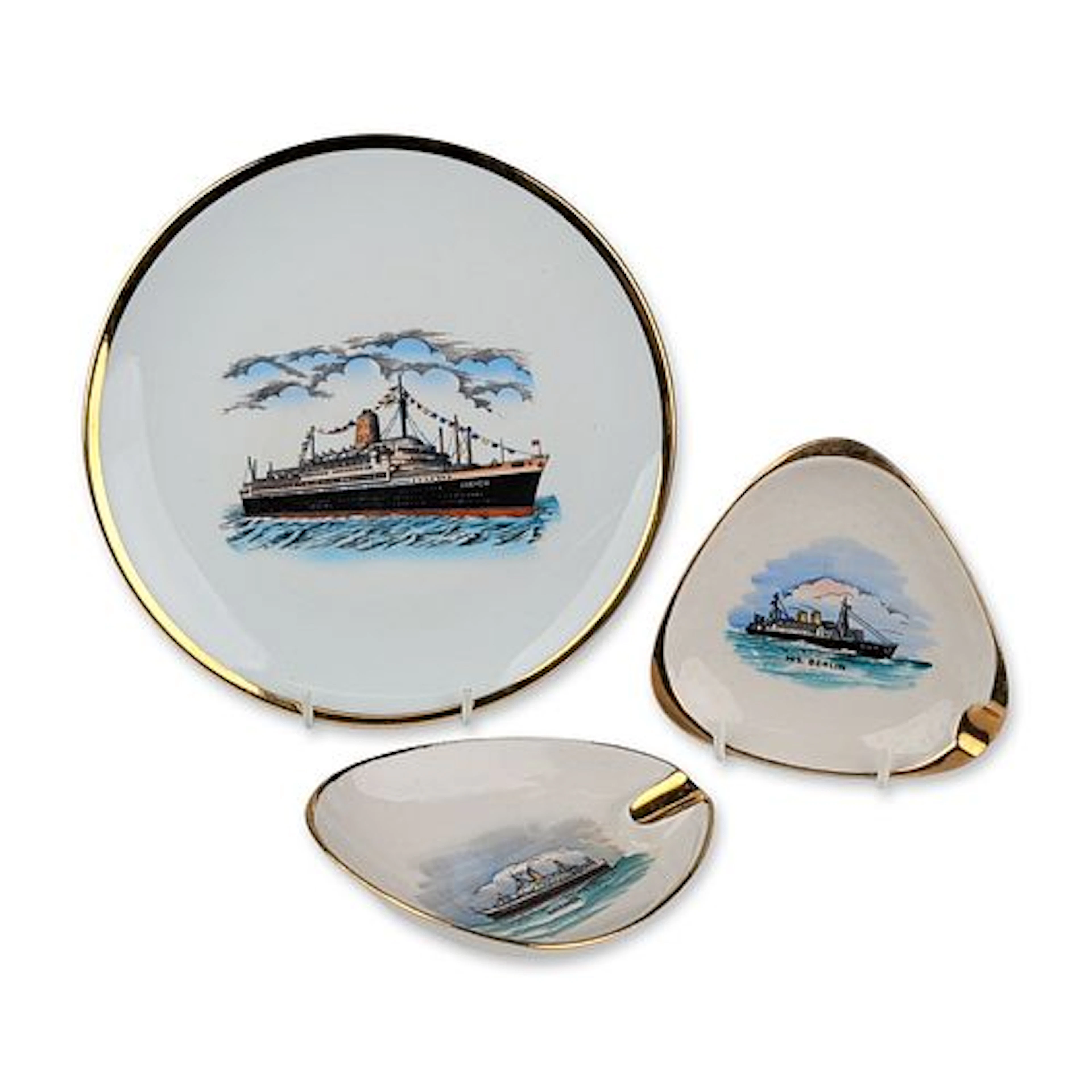 3pc RW Bavaria Porcelain Maritime Souvenir Plate and Ashtrays