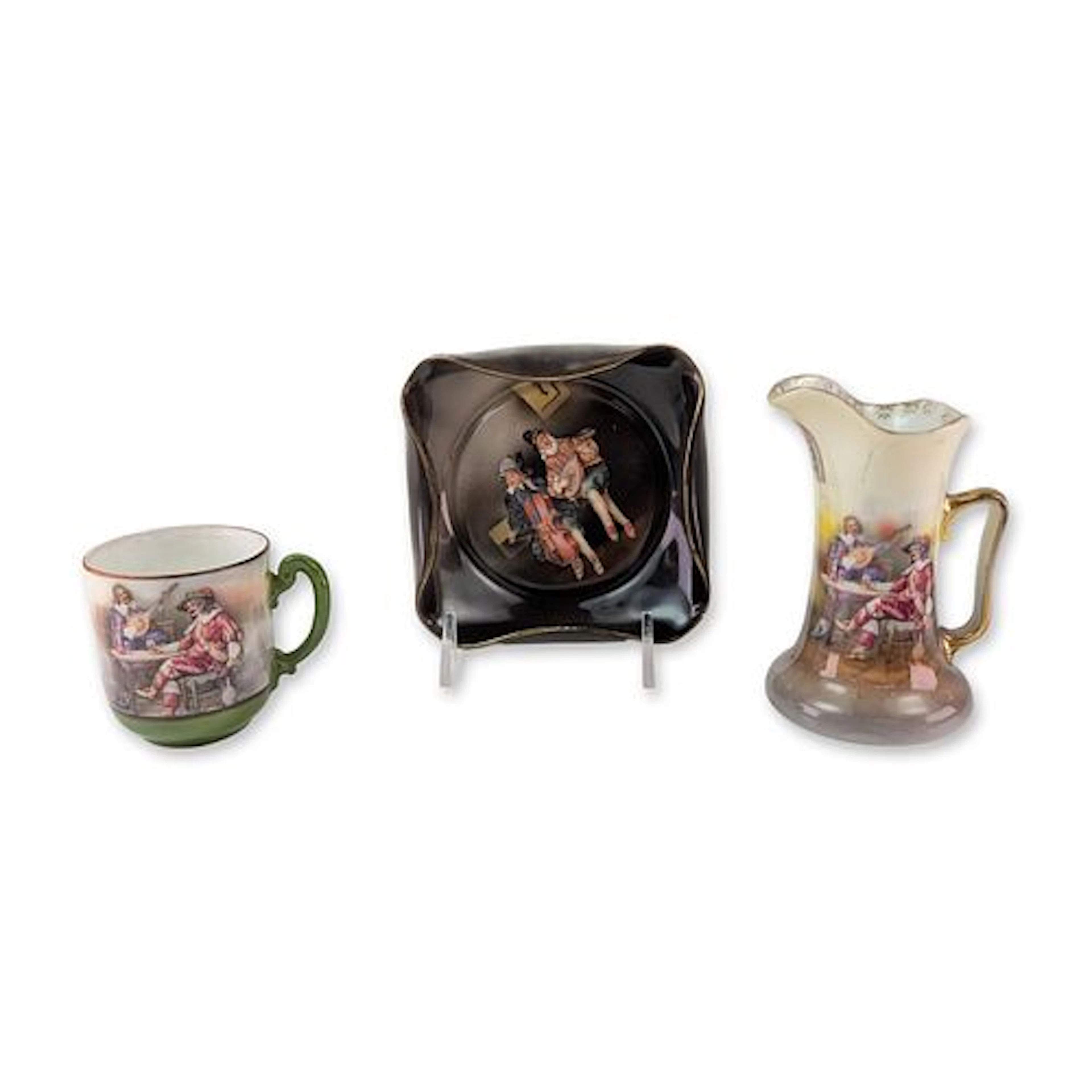 3pc Royal Bayreuth Bavaria Porcelain Musicians Tavern Scene Ashtray