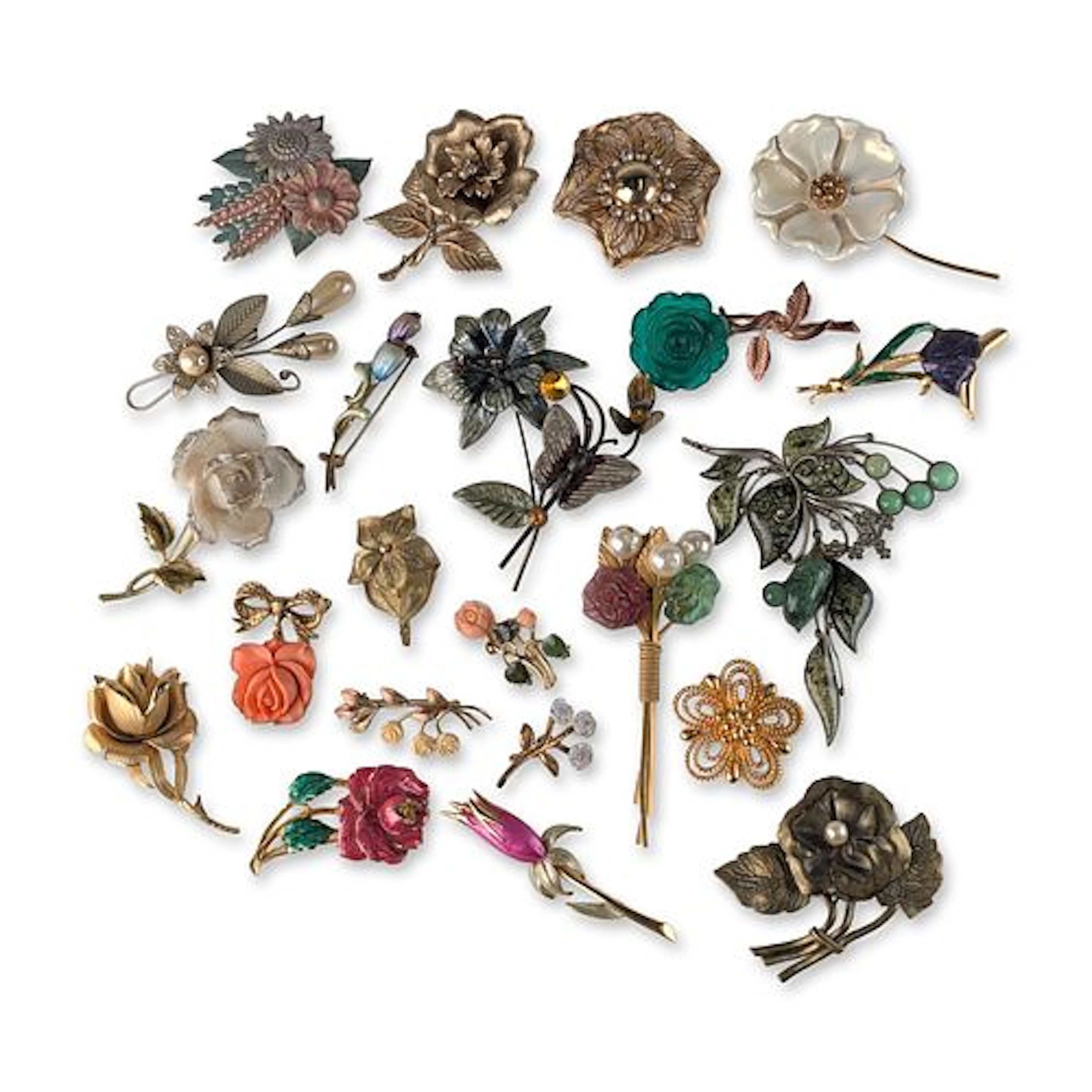 22pc Vintage Costume Jewelry Botanical and Floral Motif Brooch Pins