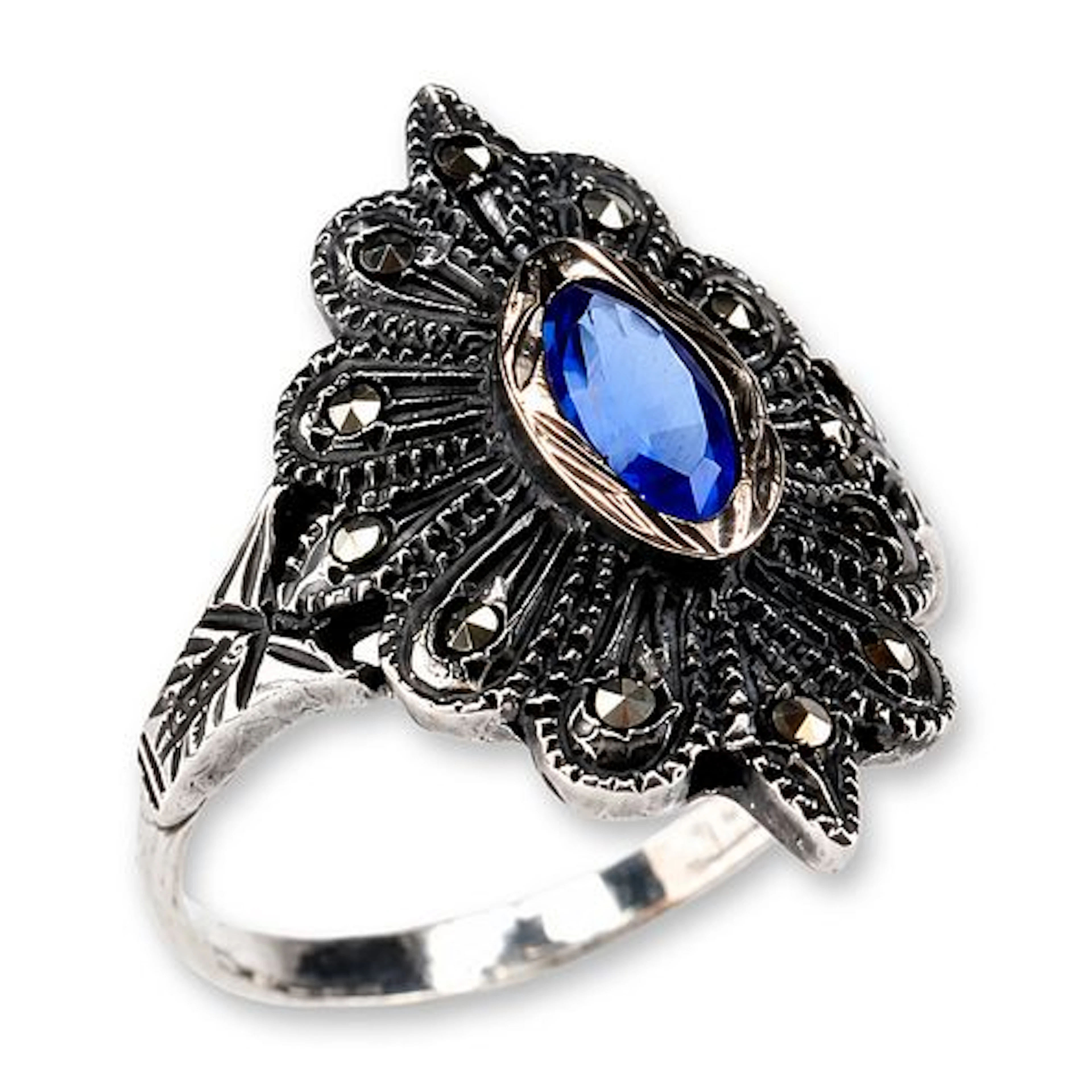 European Silver Blue Stone and Marcasite Ring