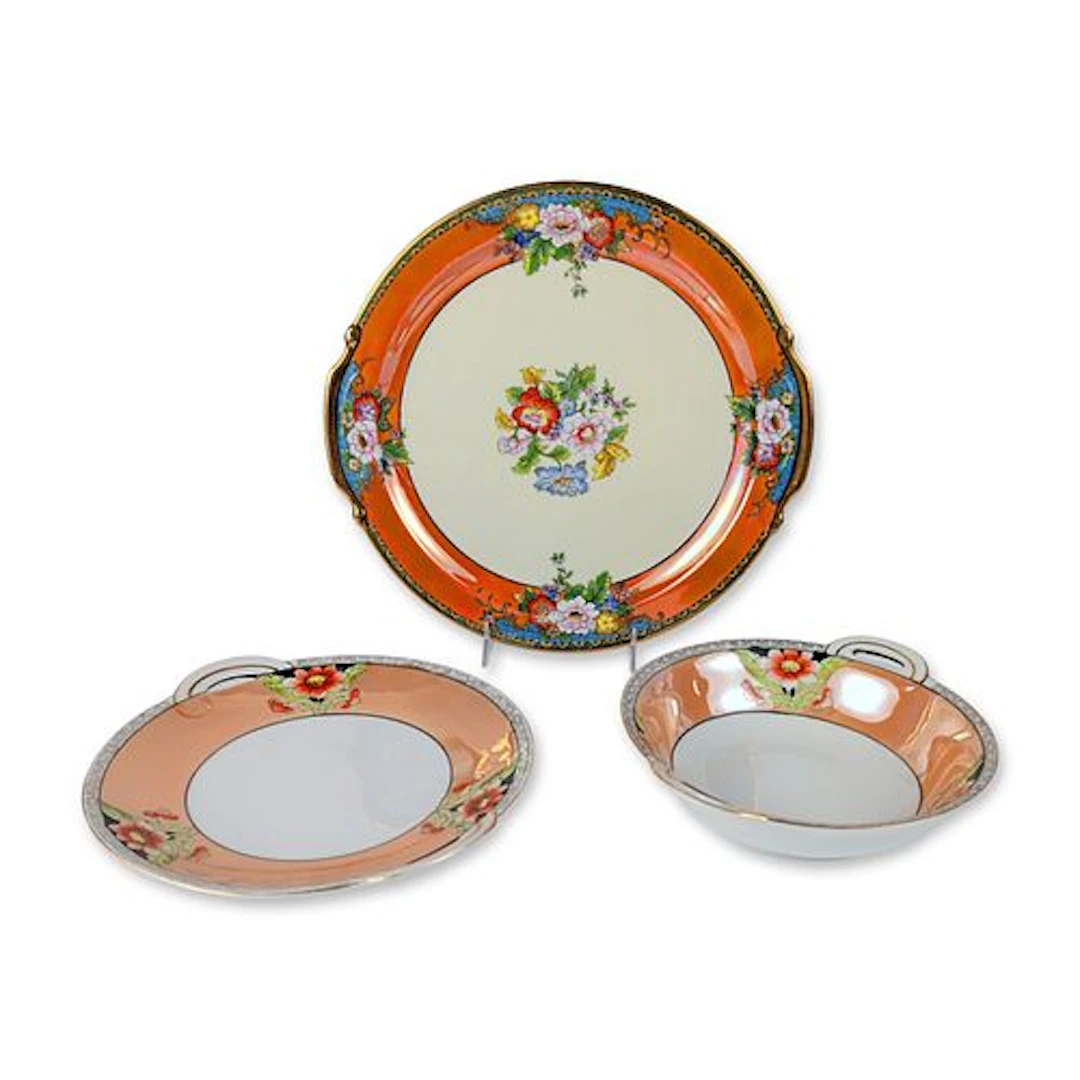 3pc Noritake Hand Painted Orange Lusterware Serving Plate and Bowl with Saucer