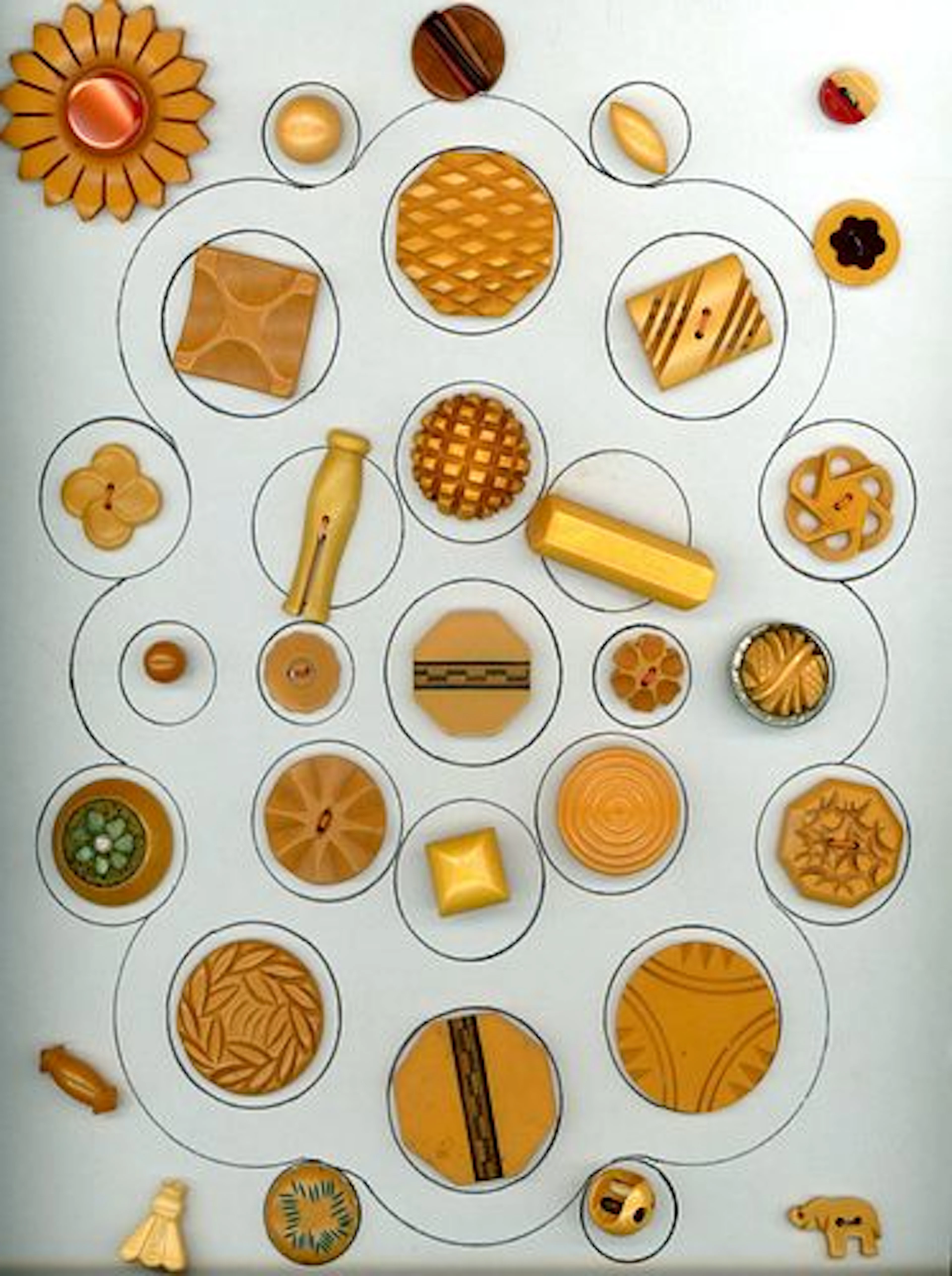 A CARD OF DIVISION THREE BAKELITE BUTTONS