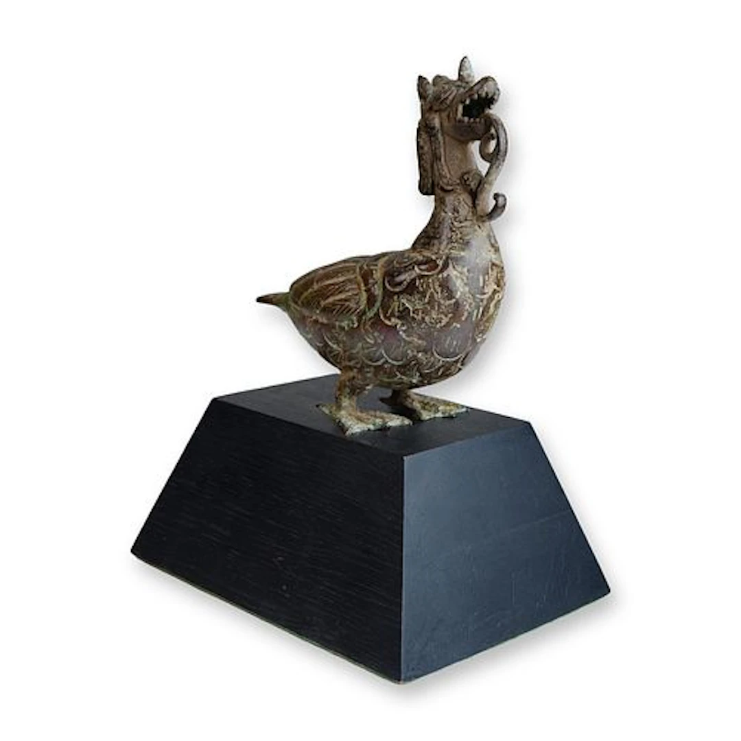 Indonesian Bronze Dragon Bird Figurine with Wooden Stand