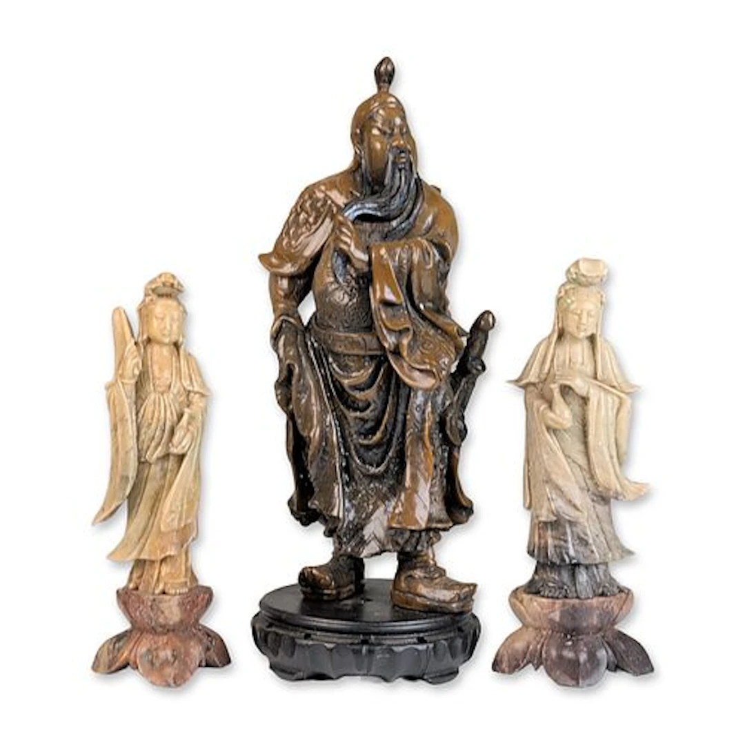 Three Chinese Carved Soapstone Guan Yu and Guanyin Figurines