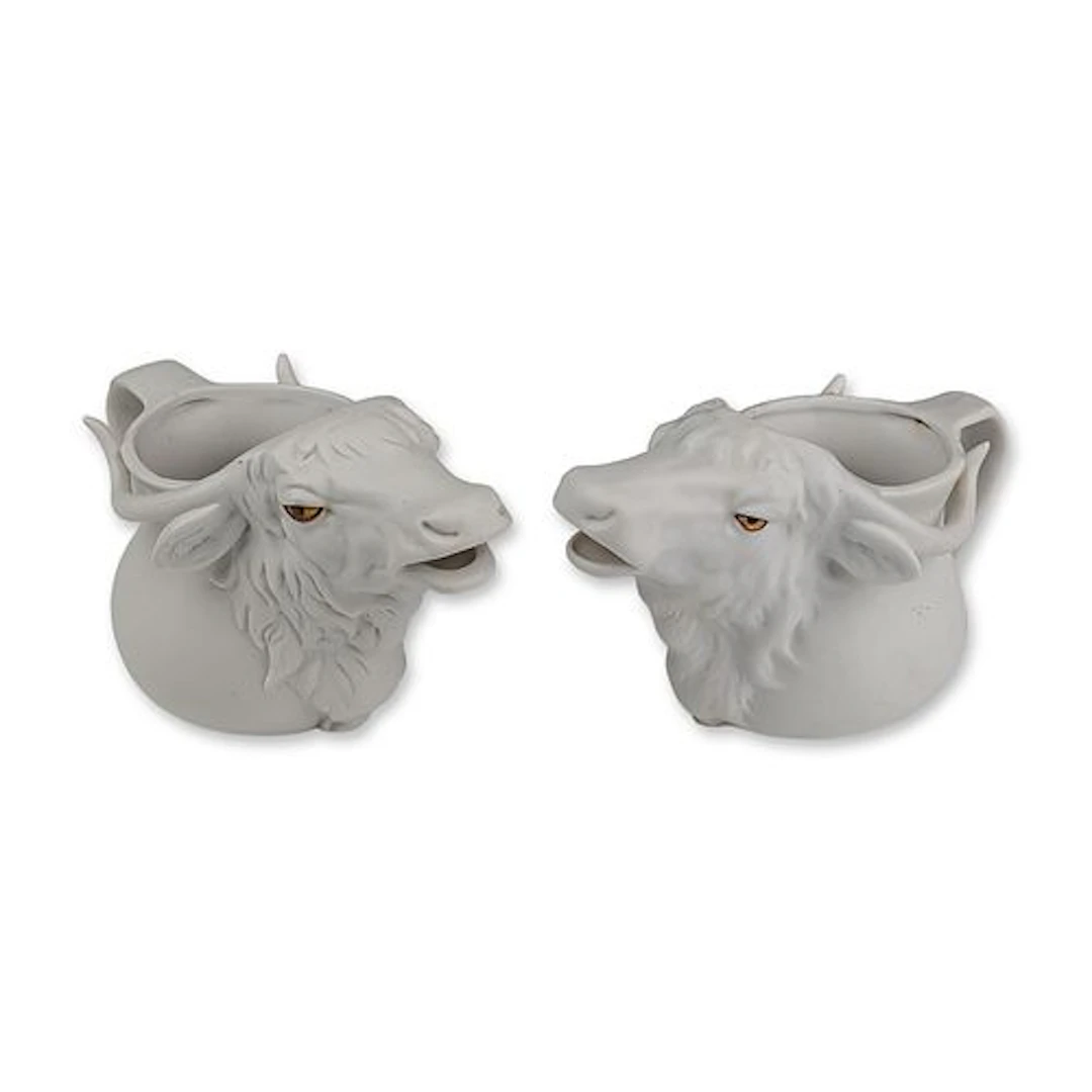 Pair of Bisque Porcelain Bull Head Figural Creamers