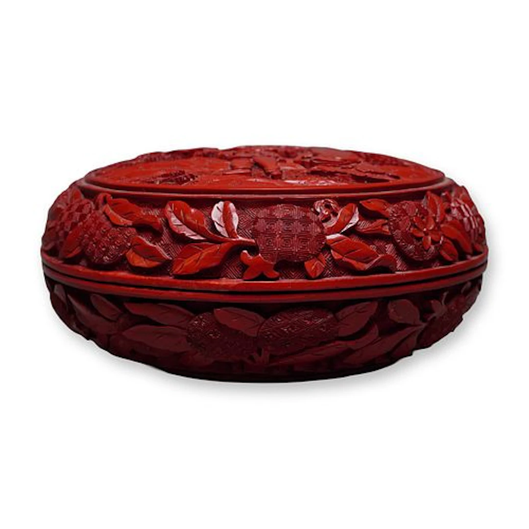 Chinese Carved Cinnabar Lacquer Box, Scholar in Garden