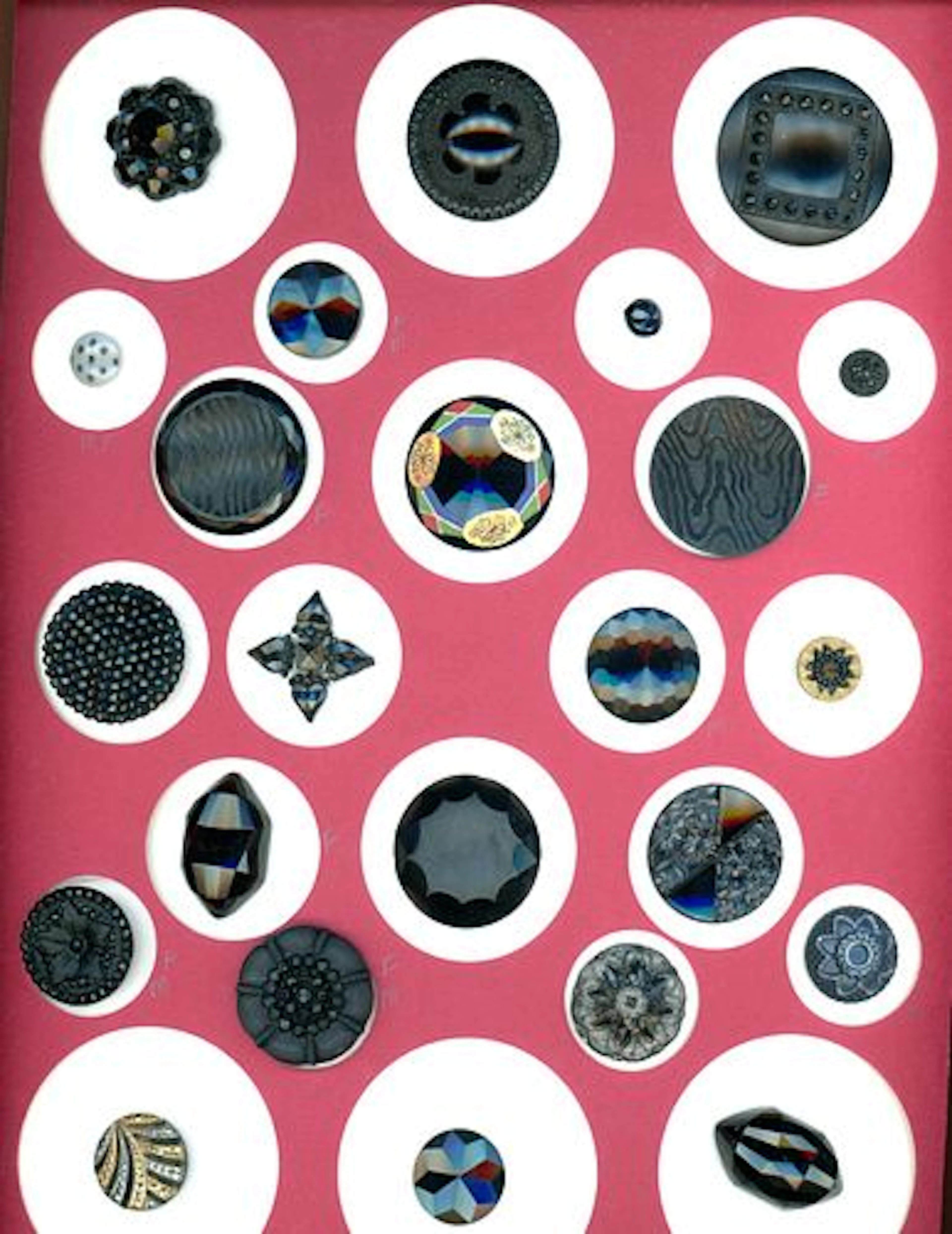 A CARD OF DIVISION ONE BLACK GLASS BUTTONS