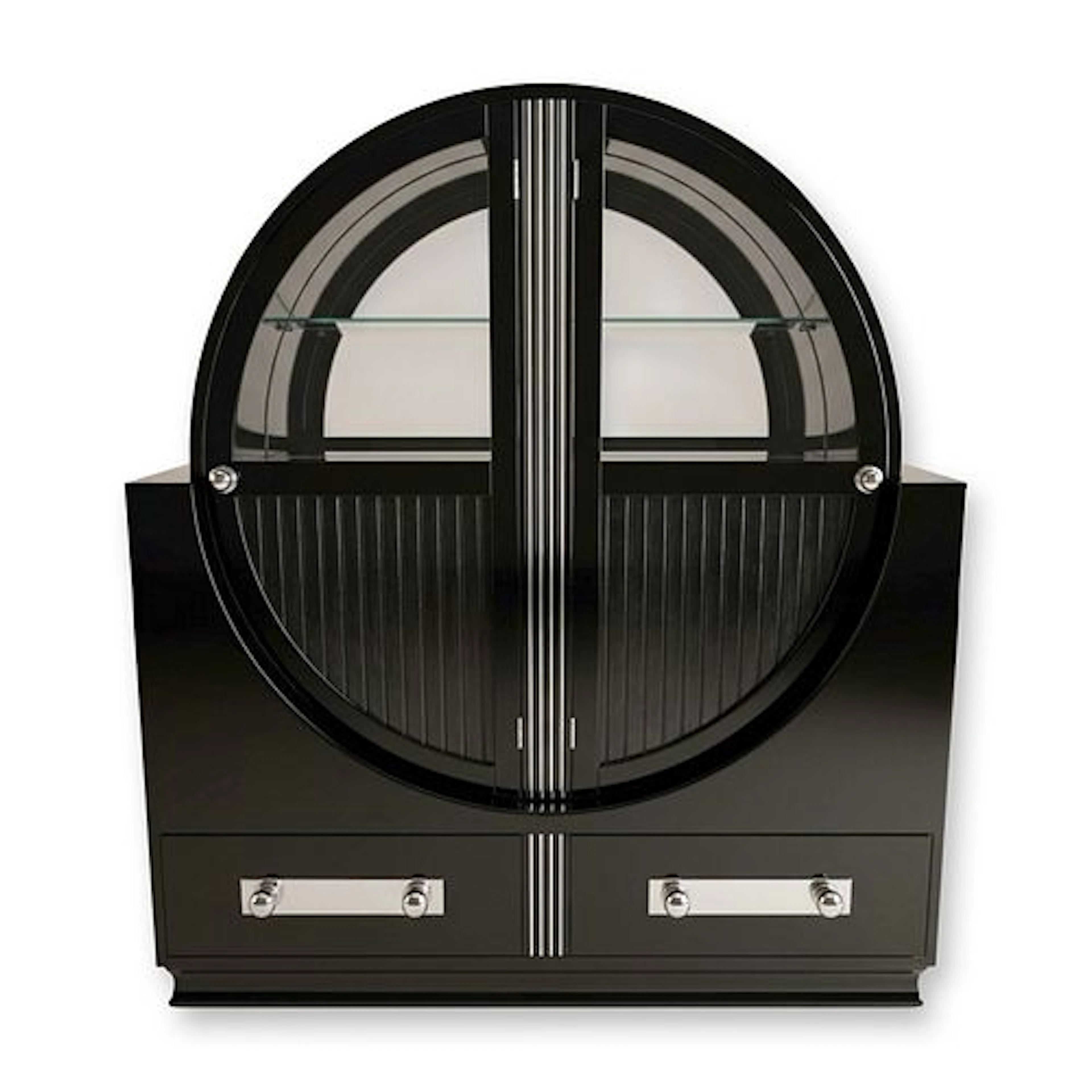 French Art Deco Black Piano Lacquer Circular Bar Cabinet, c. 1930s