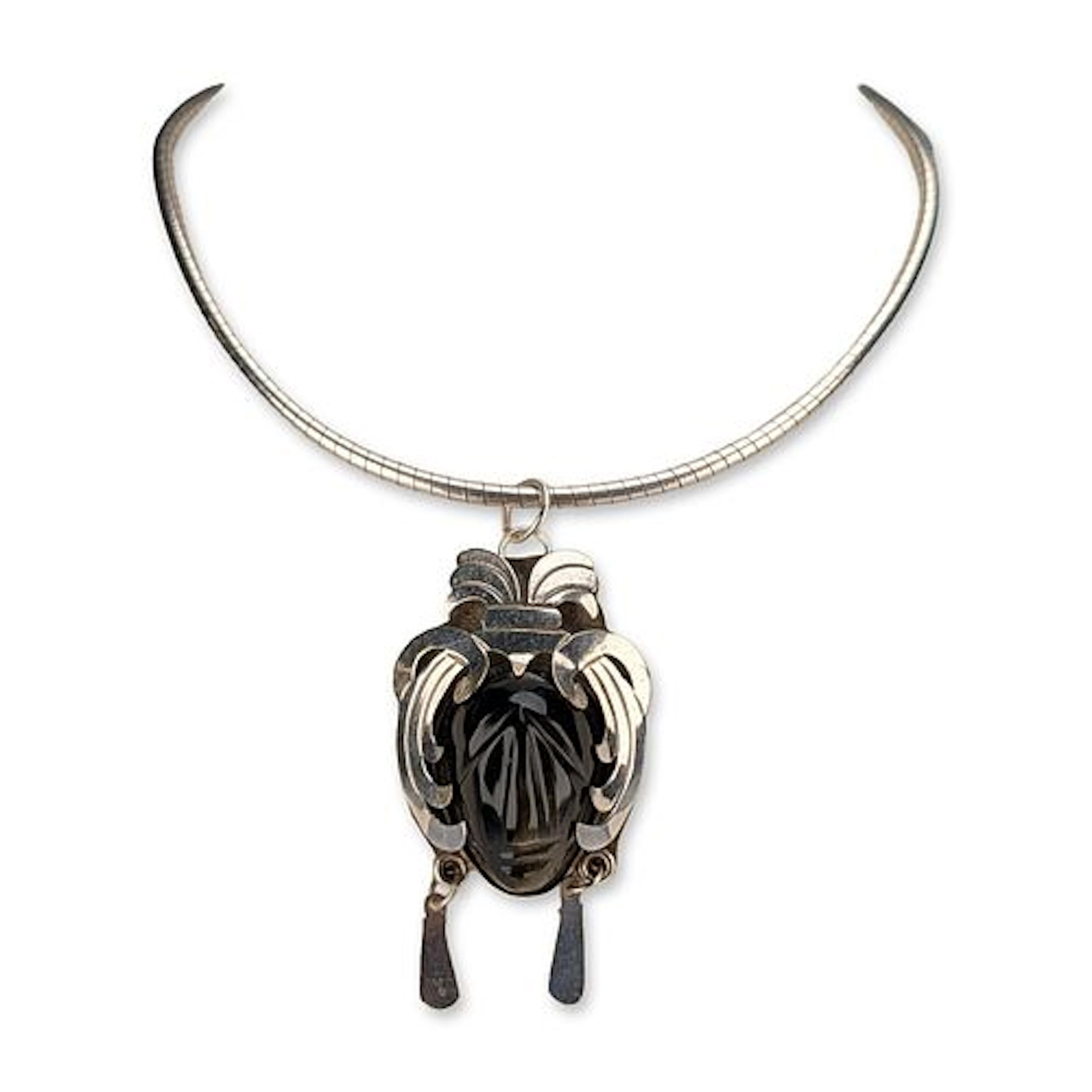 Modern Silver Necklace & Mexican Carved Obsidian Mask Pendant