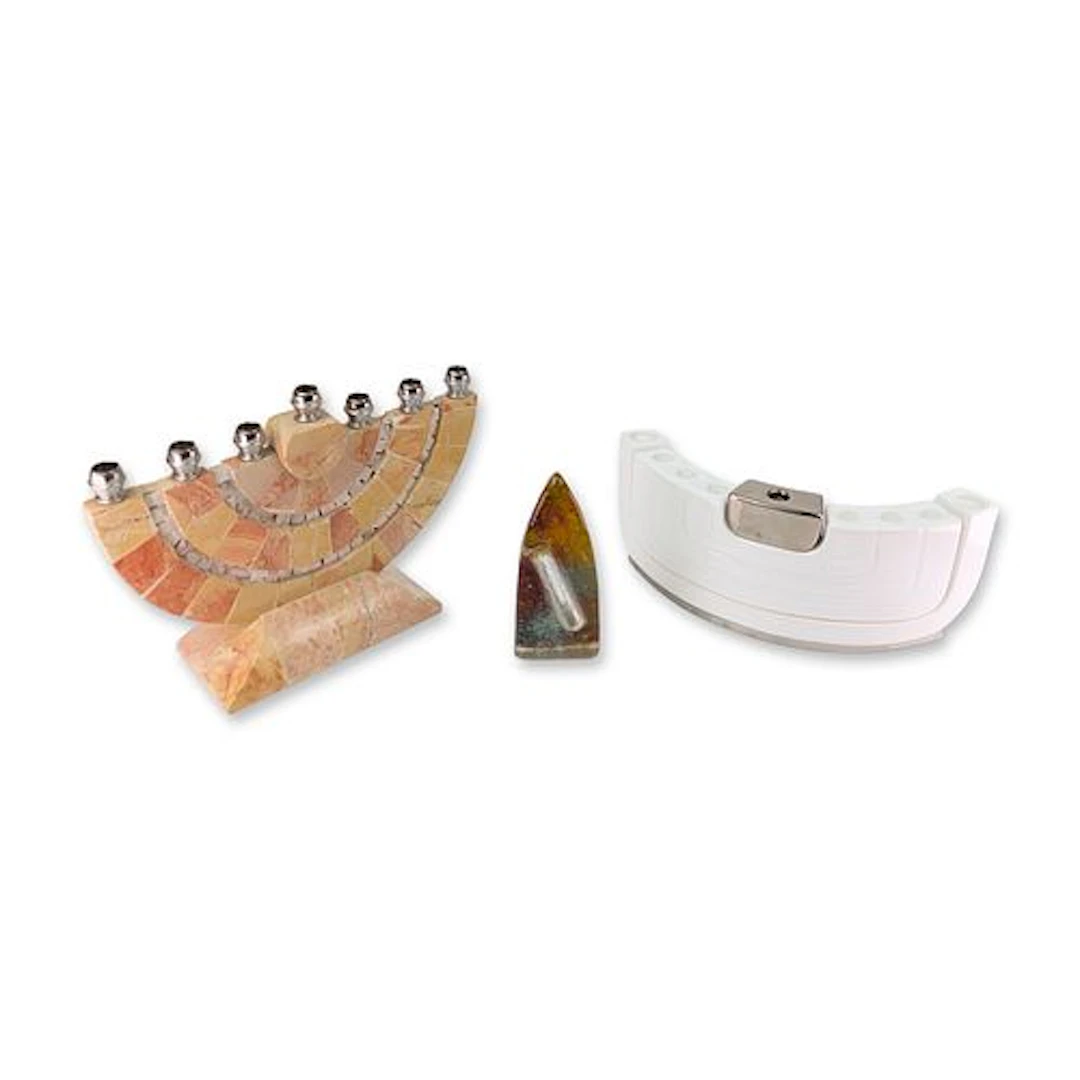 3pc Judaica Mi Polin and Stone Menorahs and Art Glass Mezuzah
