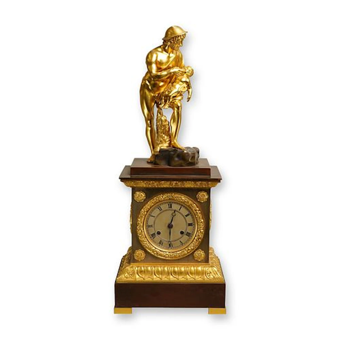 French Patinated and Gilt Bronze Empire Style Mantel Clock, Late 19th Century