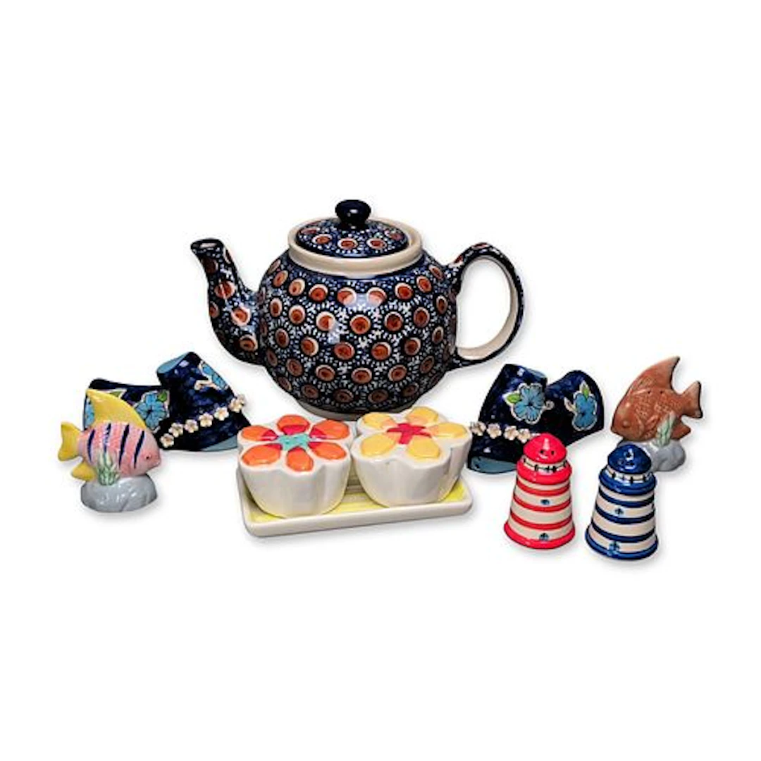 10pc Boleslawiec Polish Pottery Teapot and Novelty Shaker Collection