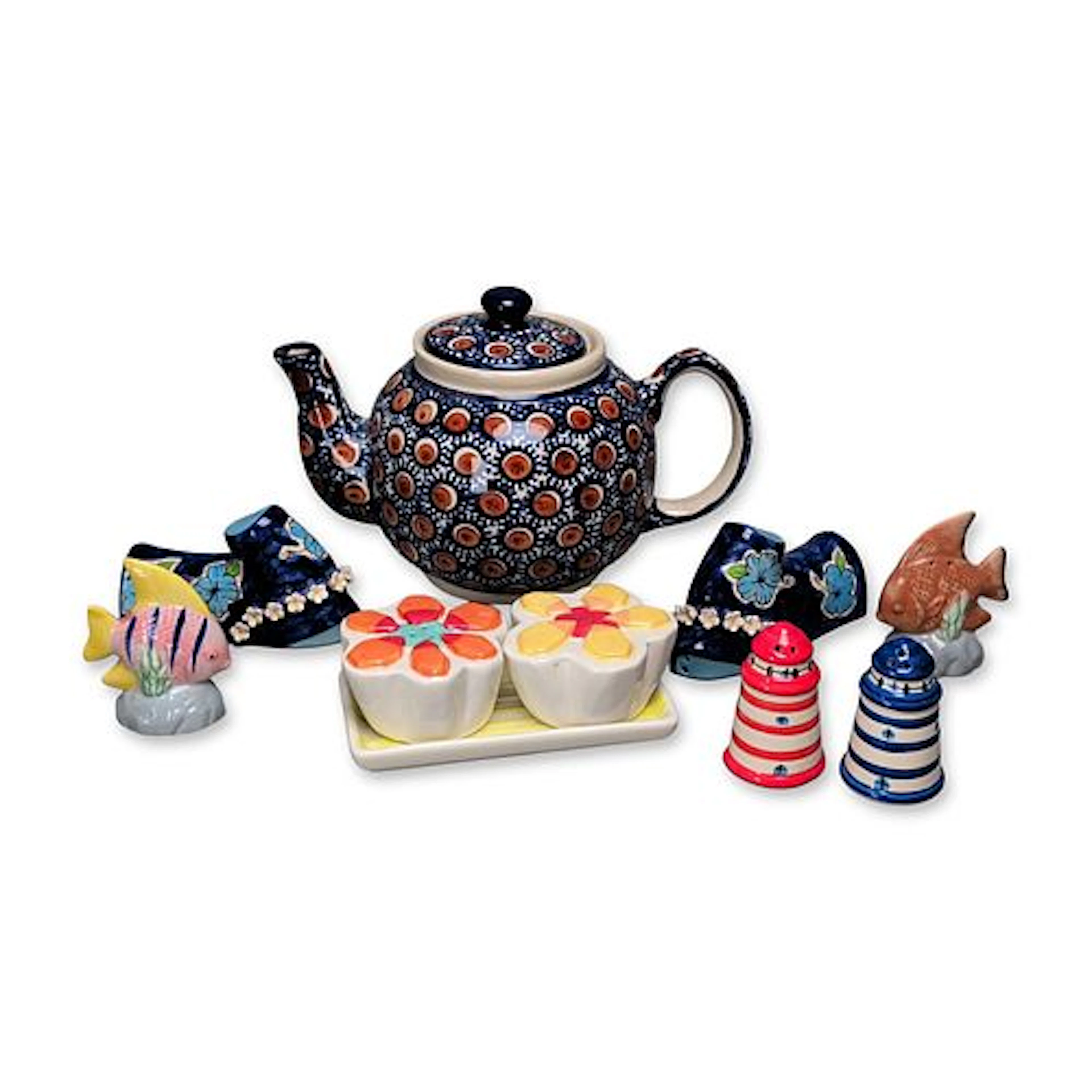 10pc Boleslawiec Polish Pottery Teapot and Novelty Shaker Collection