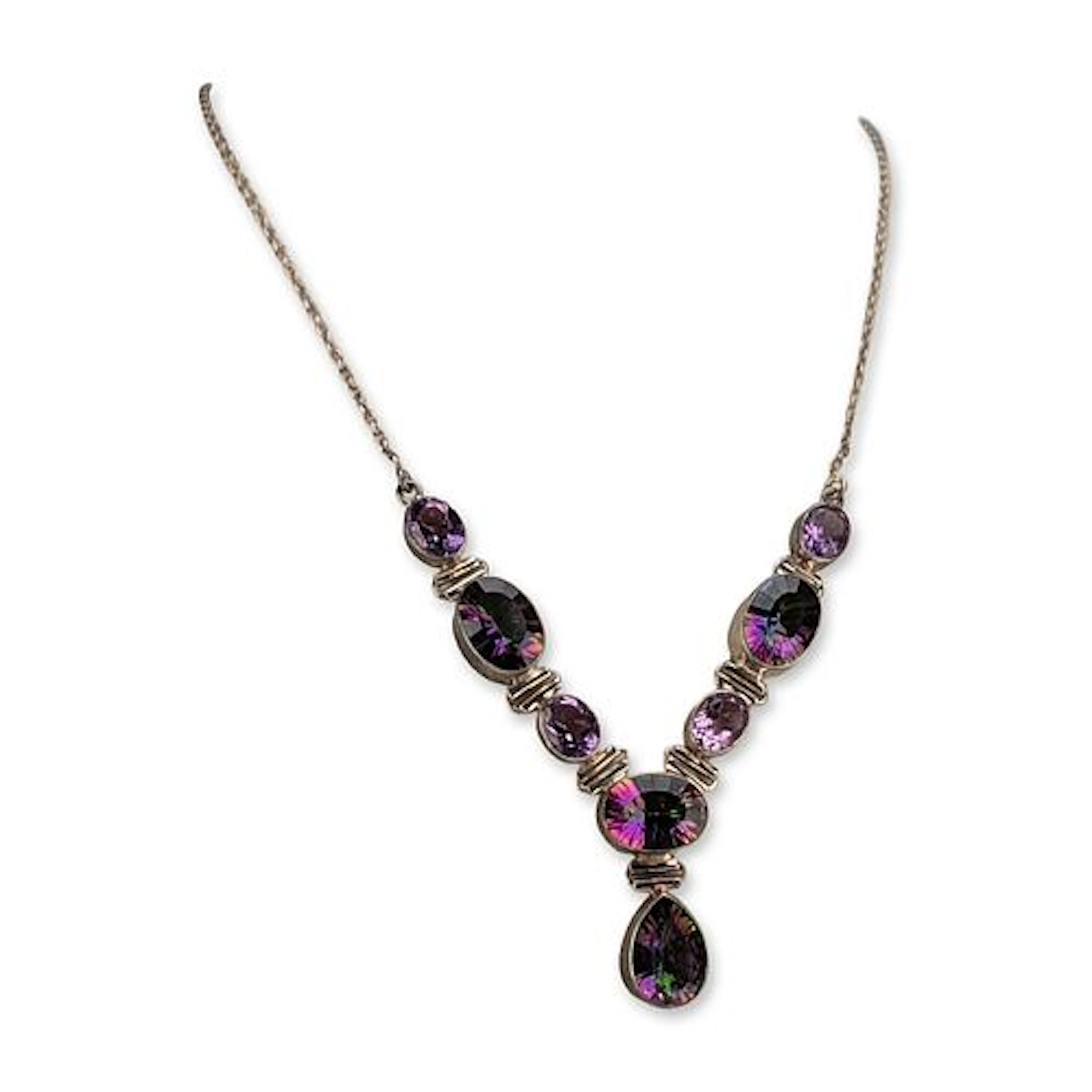 Indian Sterling Silver Amethyst and Mystic Gemstone Necklace