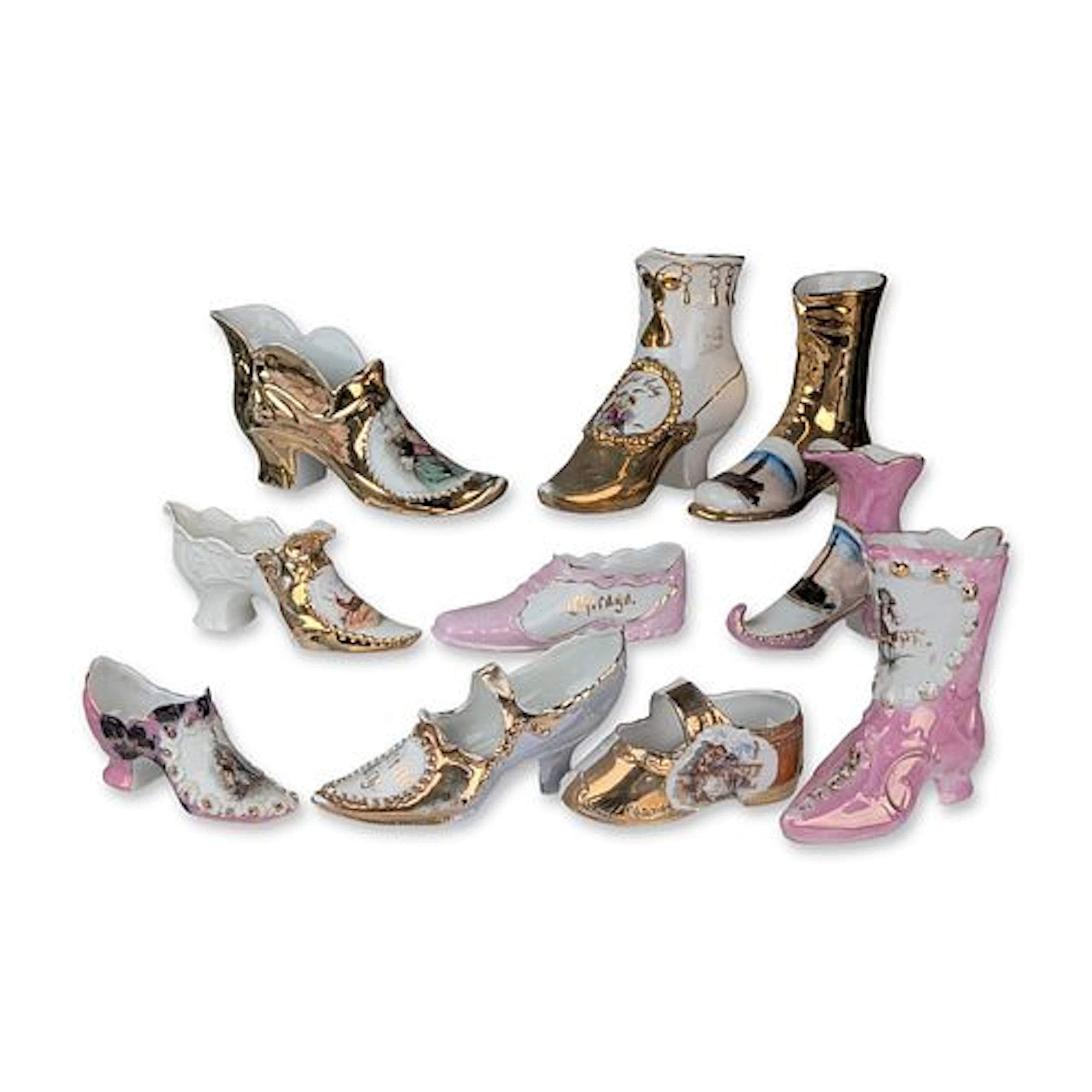 10pc Collection of German and American Souvenir Porcelain Shoe Figurines