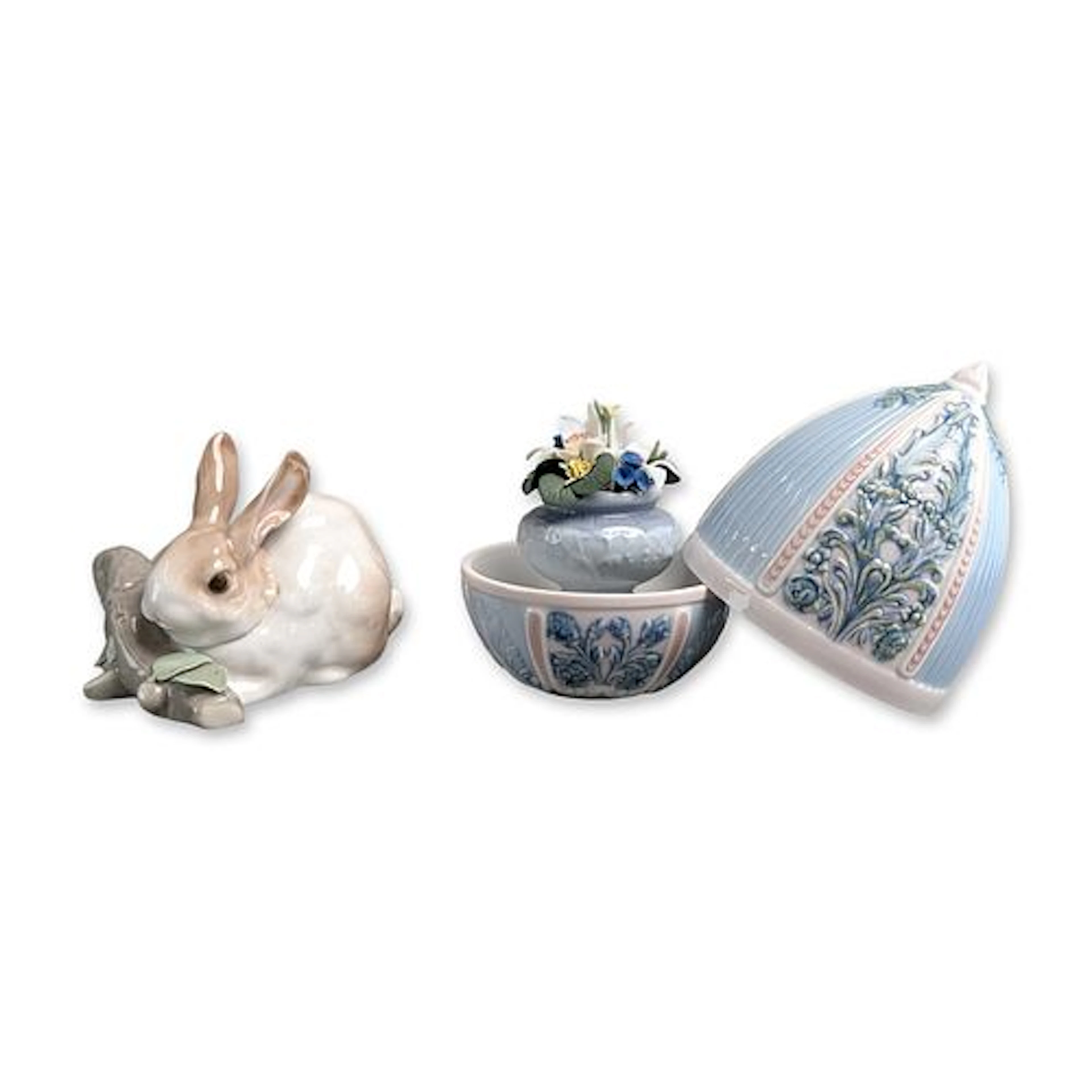 2pc Lladro Glazed Porcelain Figurines, Rabbit Eating & Spring Egg