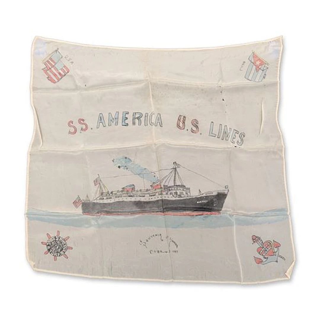 Hand-Painted Silk S.S. America Passenger Souvenir of Havana Cuba 1941