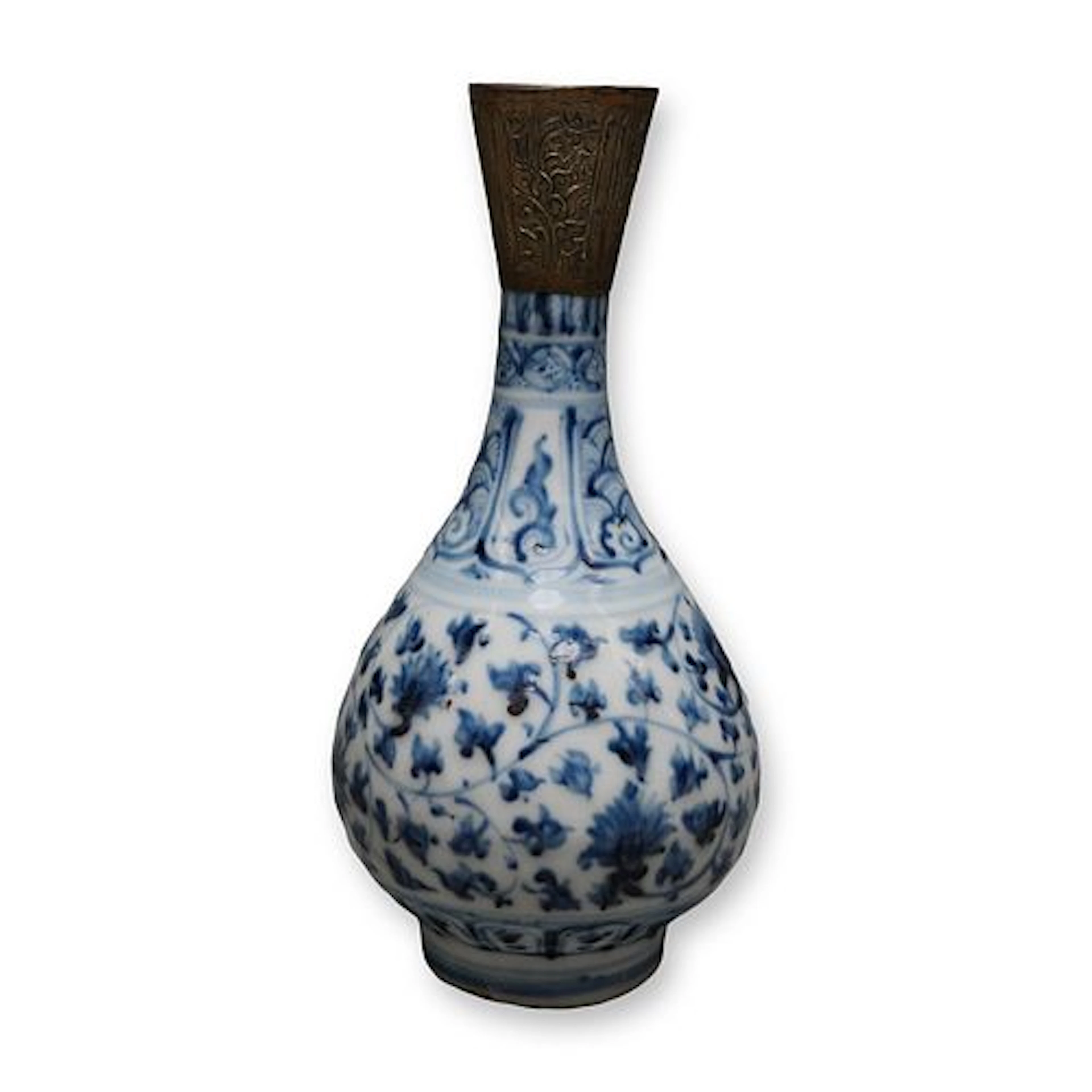 Chinese Ming Period Blue and White Bottle Vase w/ Persian Metal Top
