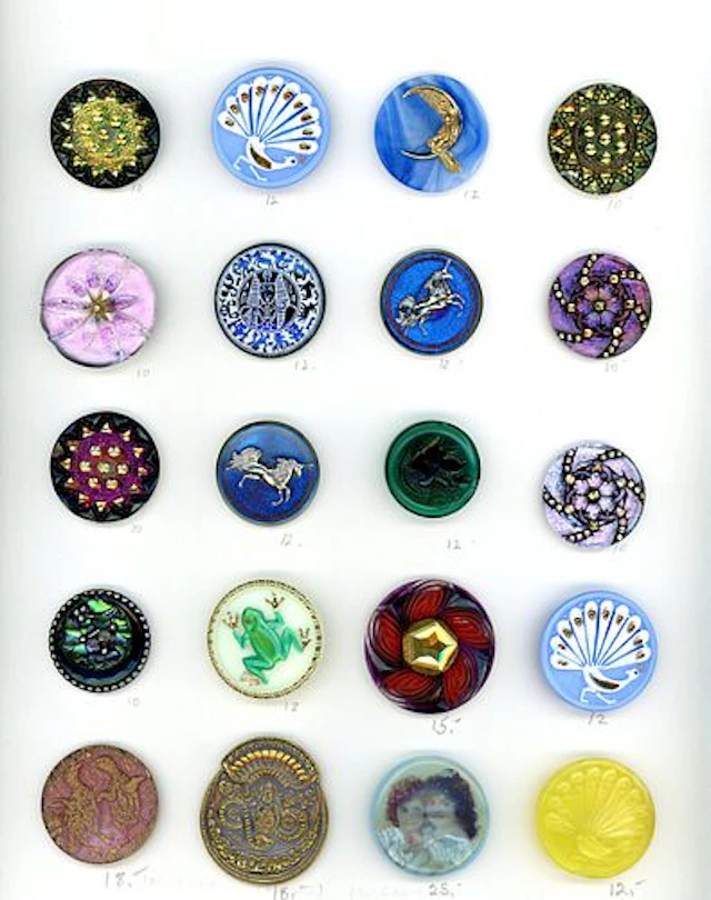 A CARD OF DIVISION THREE CZECH GLASS BUTTONS