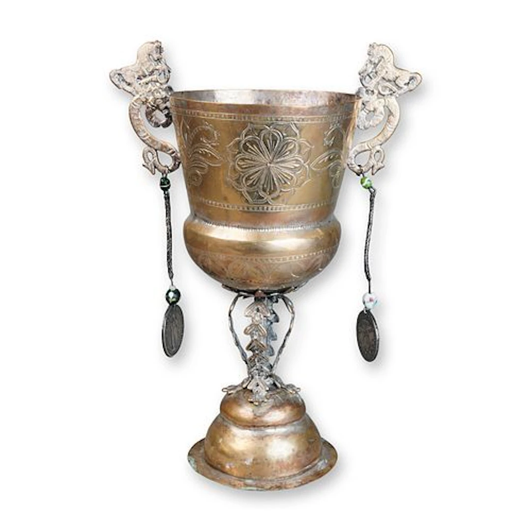 Spanish Colonial Silver Washed Brass Chalice with Sterling Silver Coin Drops