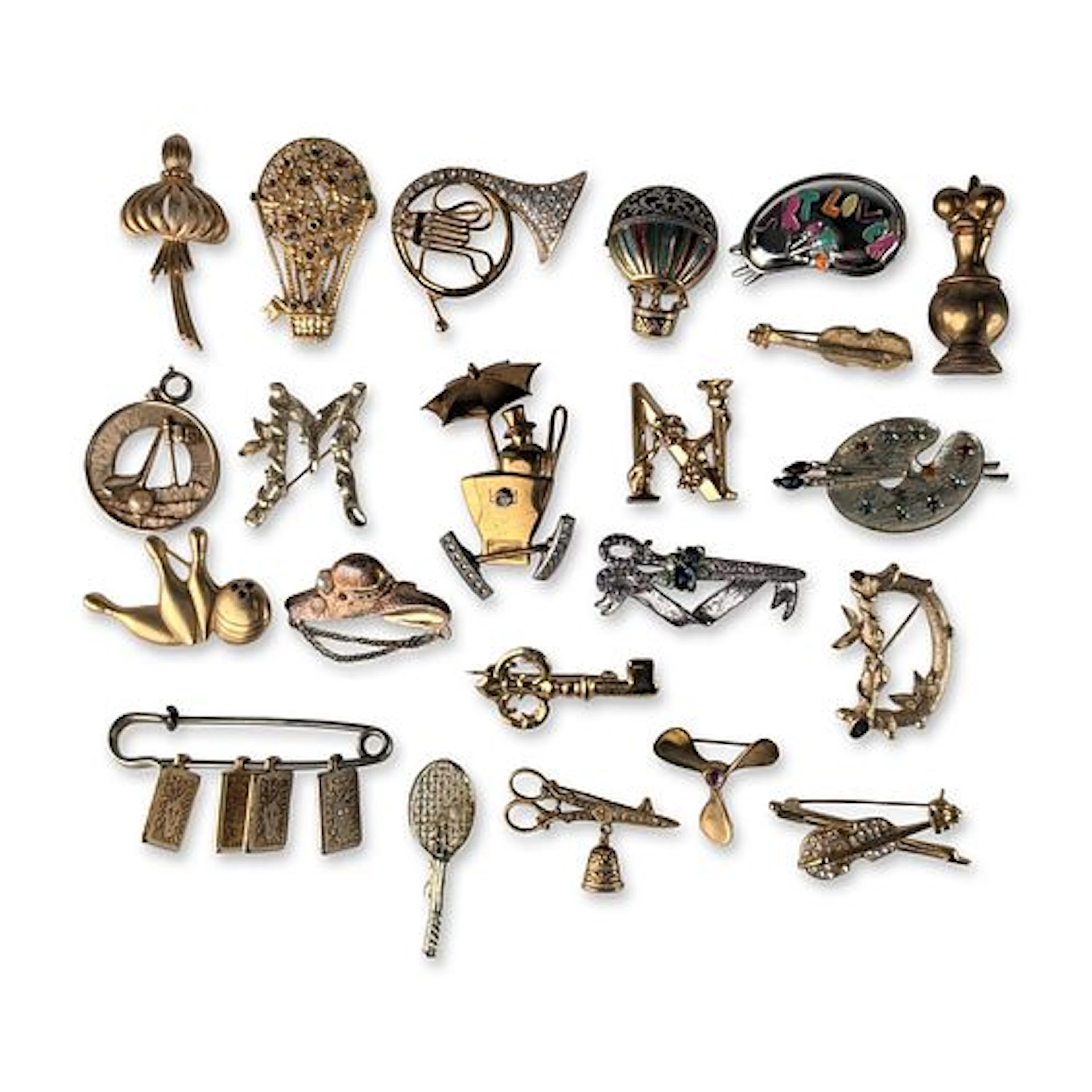 22pc Collection of Vintage Figurative and Novelty Costume Jewelry Brooch Pins