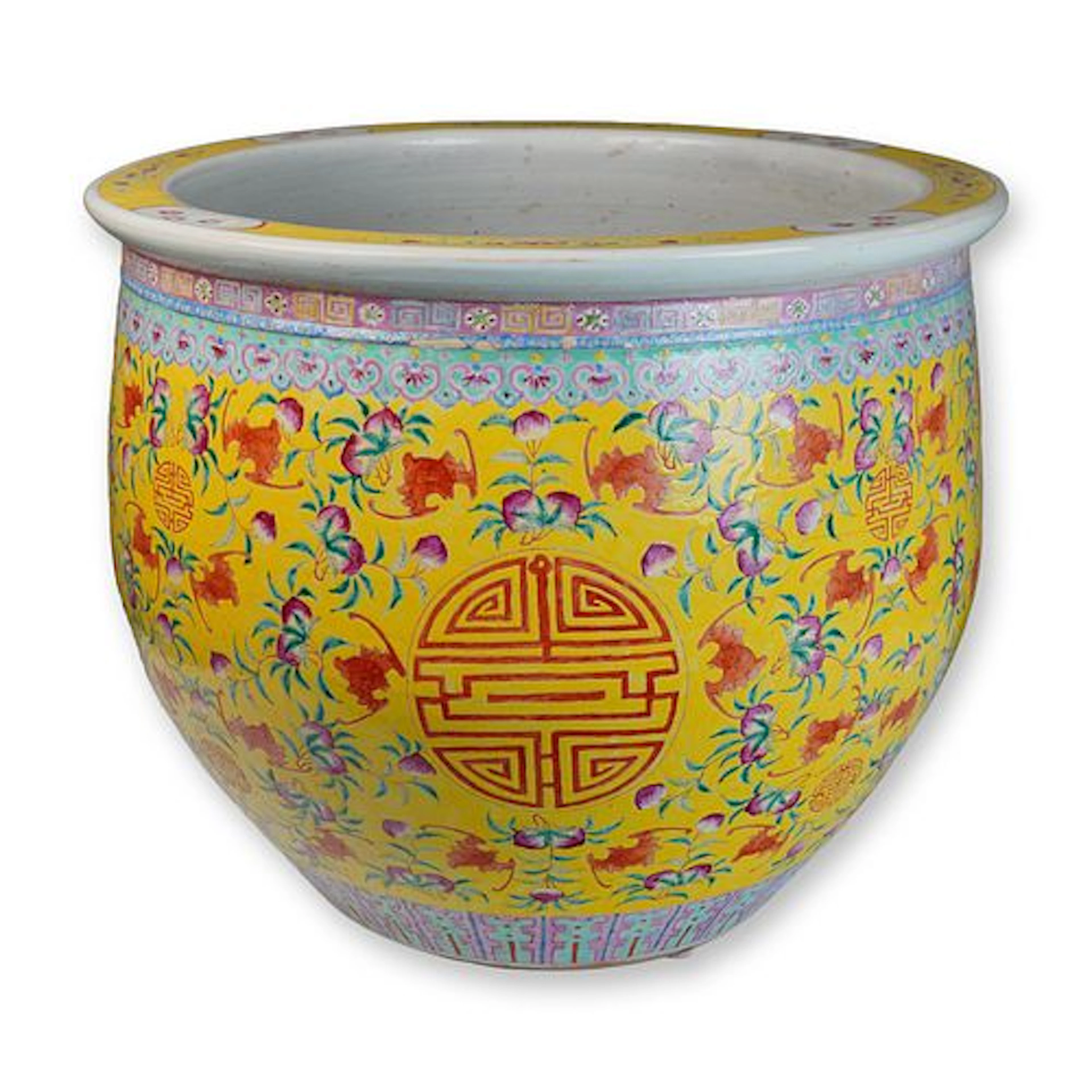 19th Century Famille Rose Yellow Field Fish Bowl