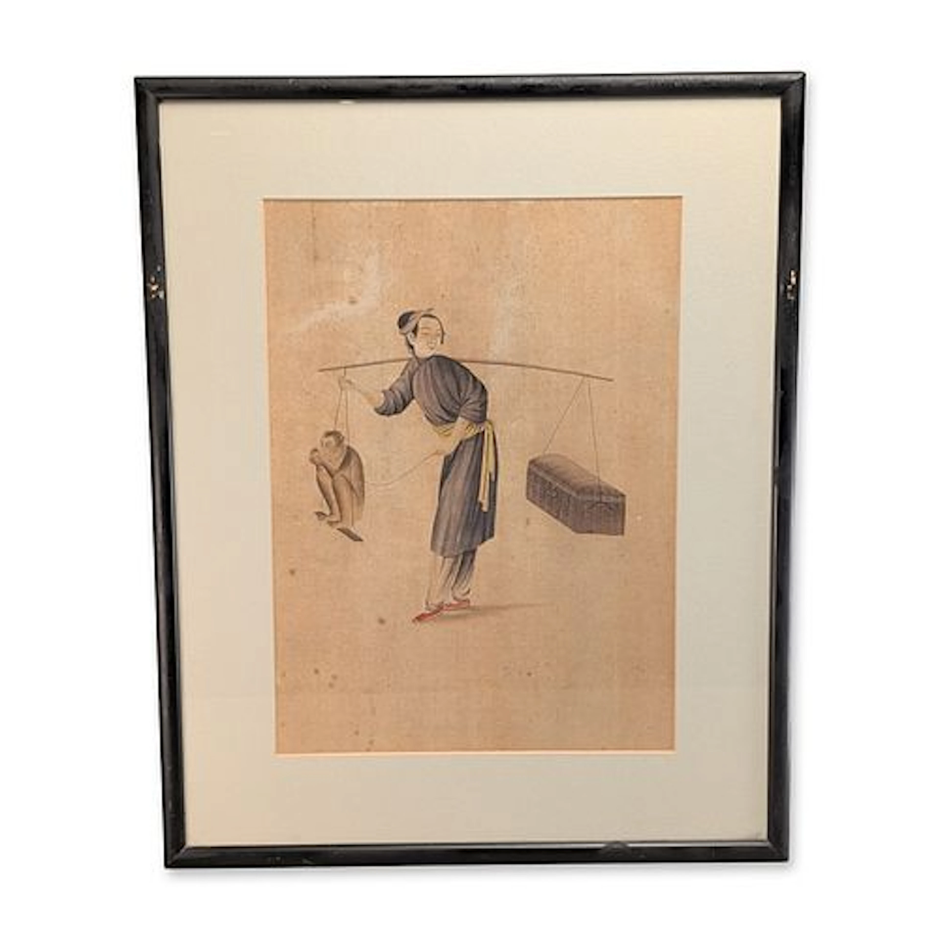 Chinese Export Watercolor Street Performer with Monkey