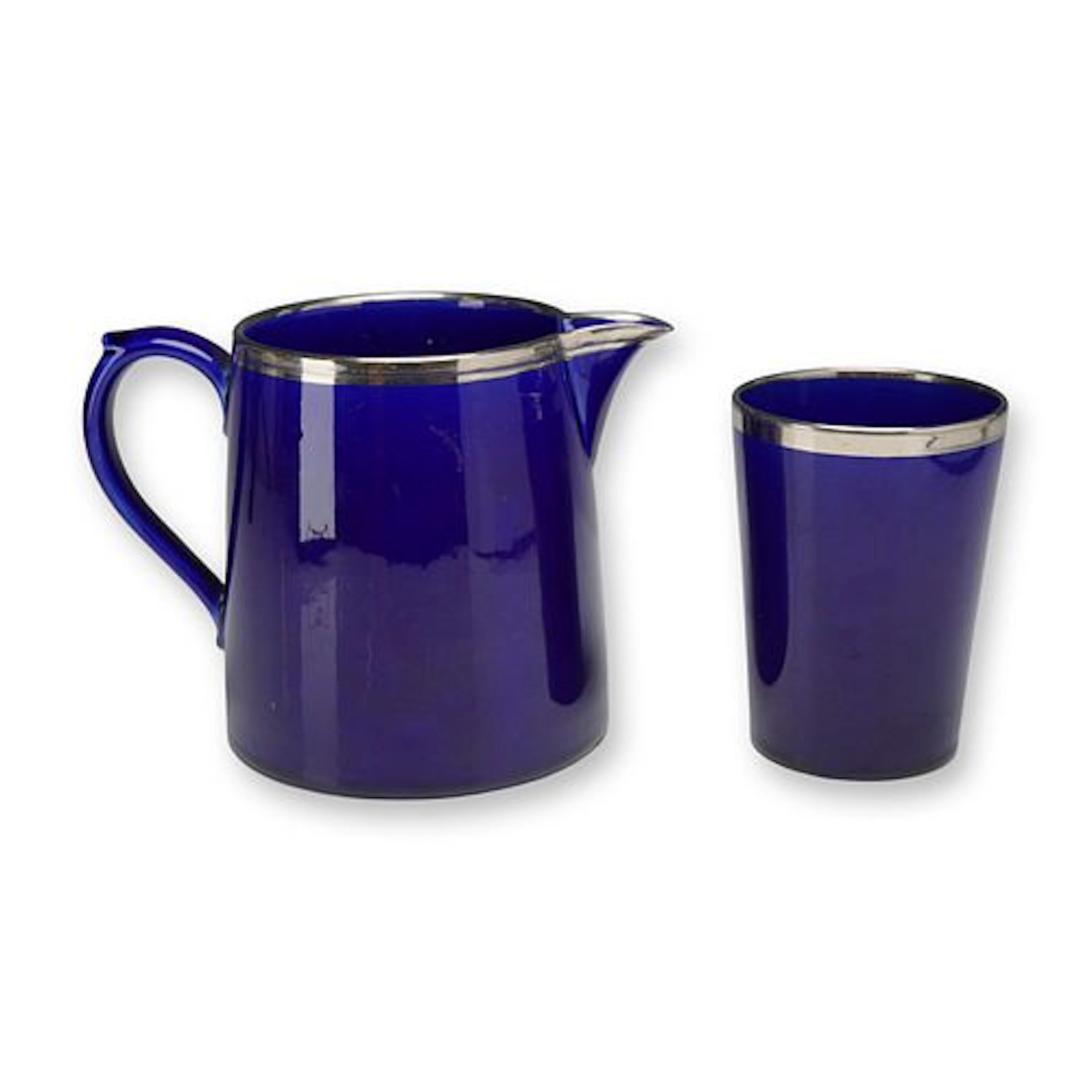 Two-Piece Wedgwood Cobalt Blue Porcelain Pitcher and Cup with Silver Rims