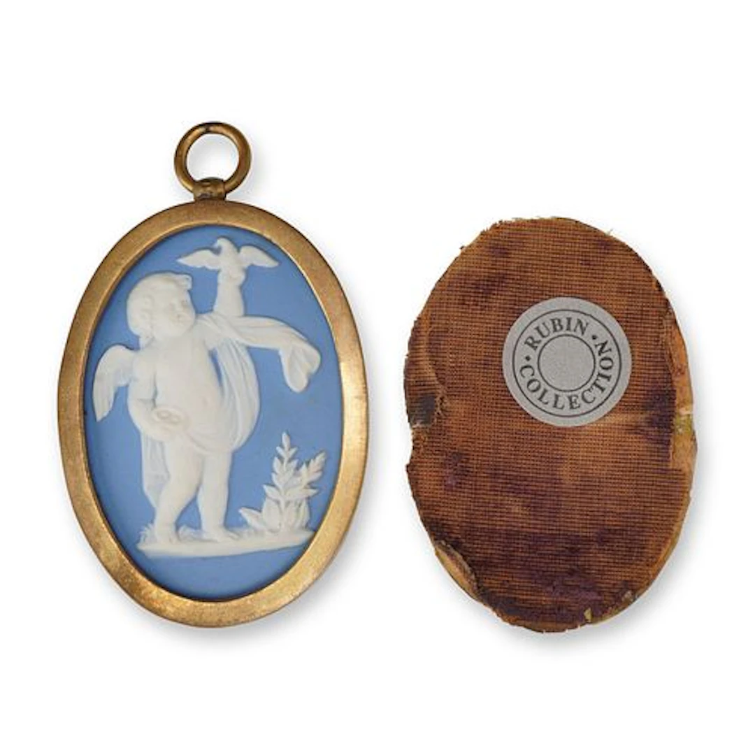 Wedgwood Blue Jasperware Putto and Bird Pendant in Copper Frame