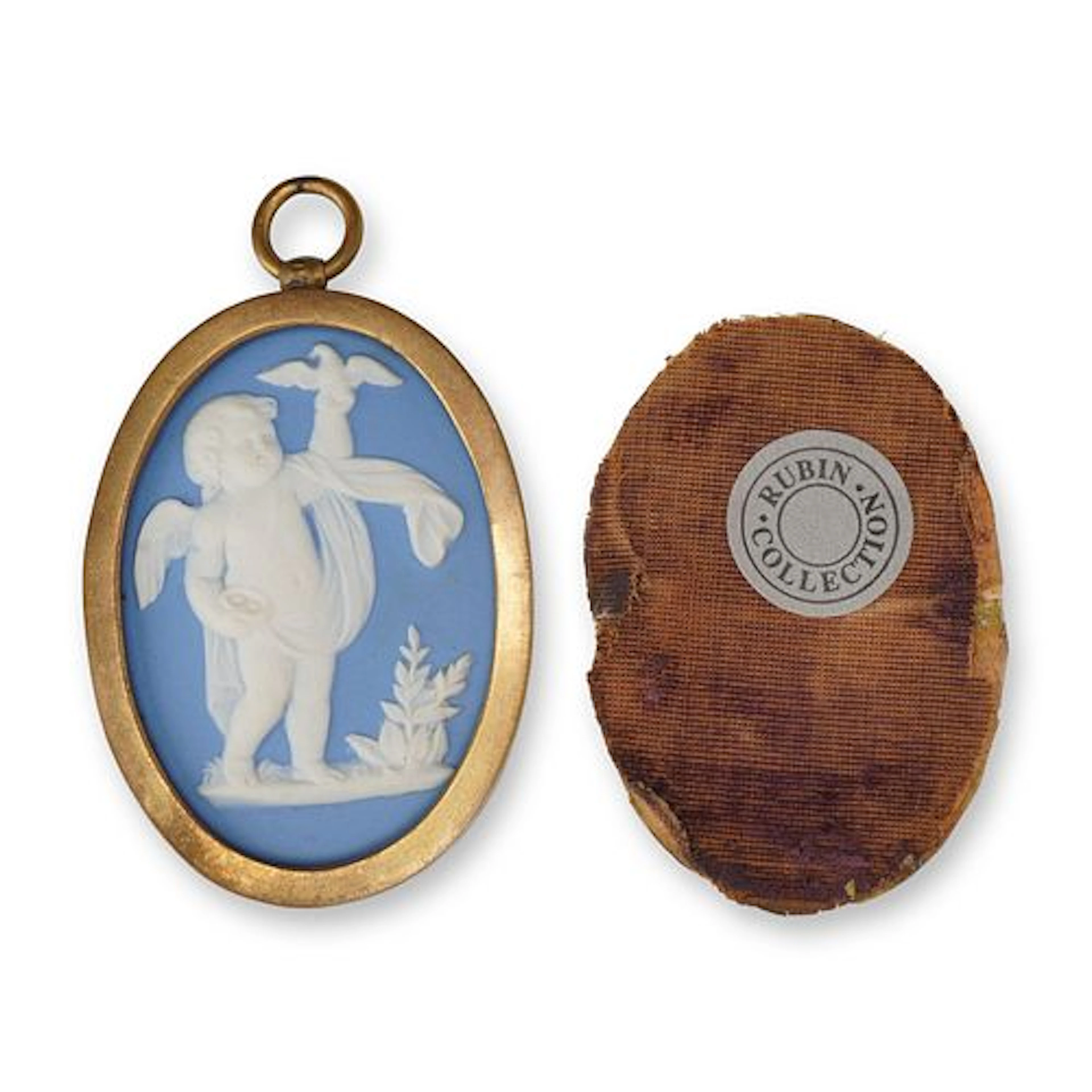 Wedgwood Blue Jasperware Putto and Bird Pendant in Copper Frame