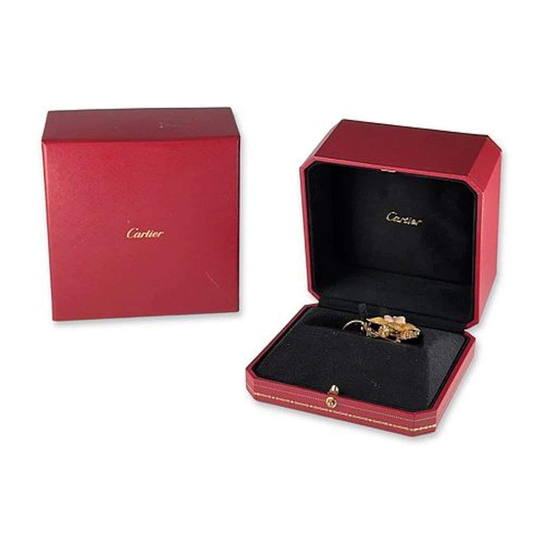 Cartier 18K Gold Coral Diamond and Emerald Floral Brooch